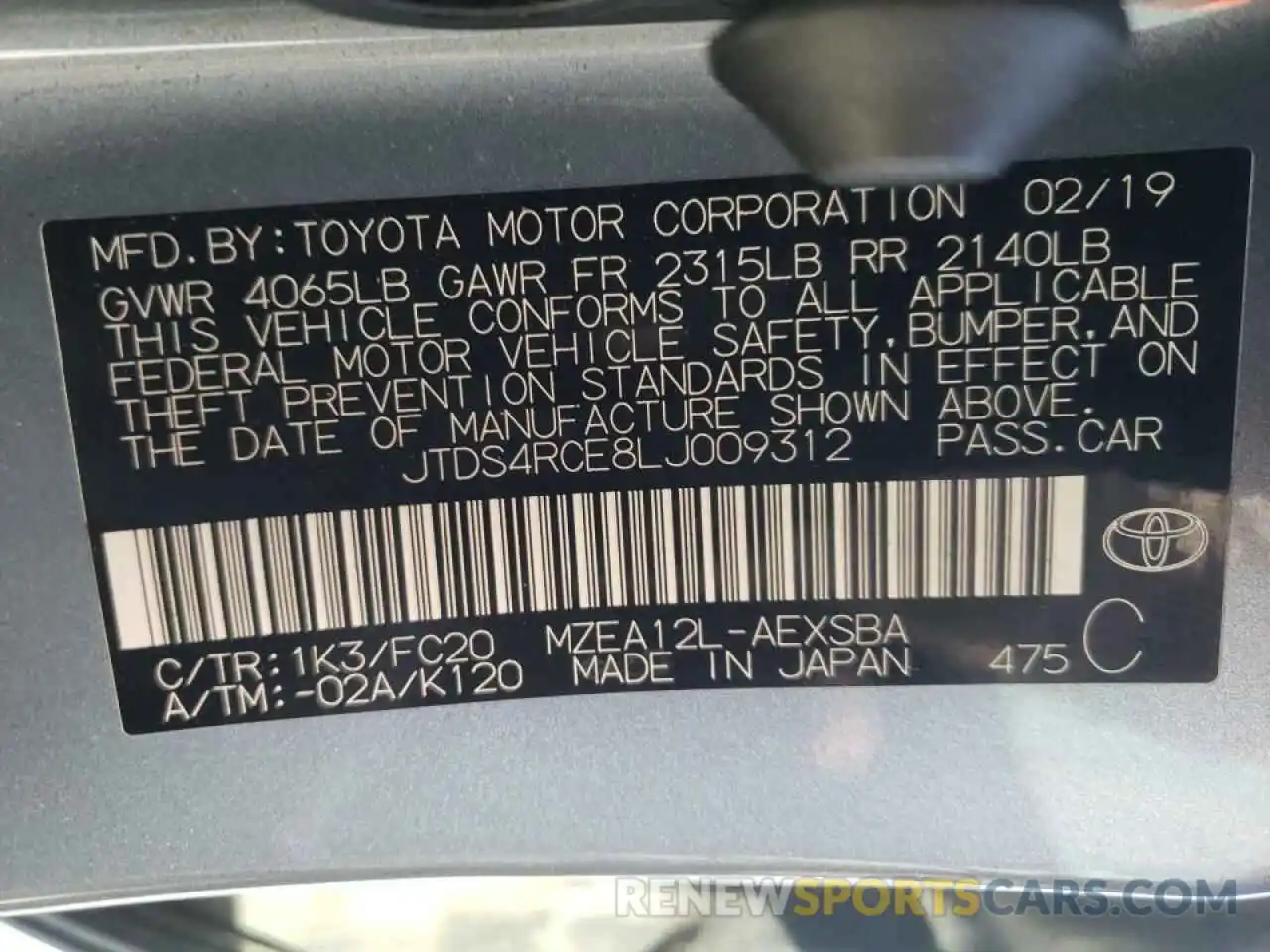 10 Фотография поврежденного автомобиля JTDS4RCE8LJ009312 TOYOTA COROLLA 2020