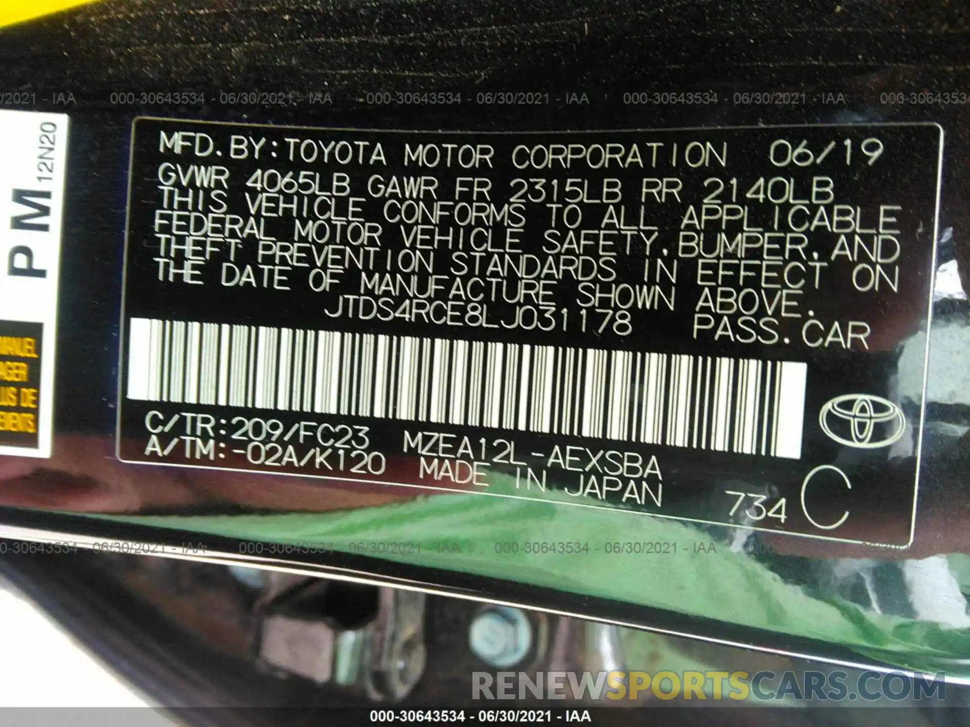 9 Фотография поврежденного автомобиля JTDS4RCE8LJ031178 TOYOTA COROLLA 2020