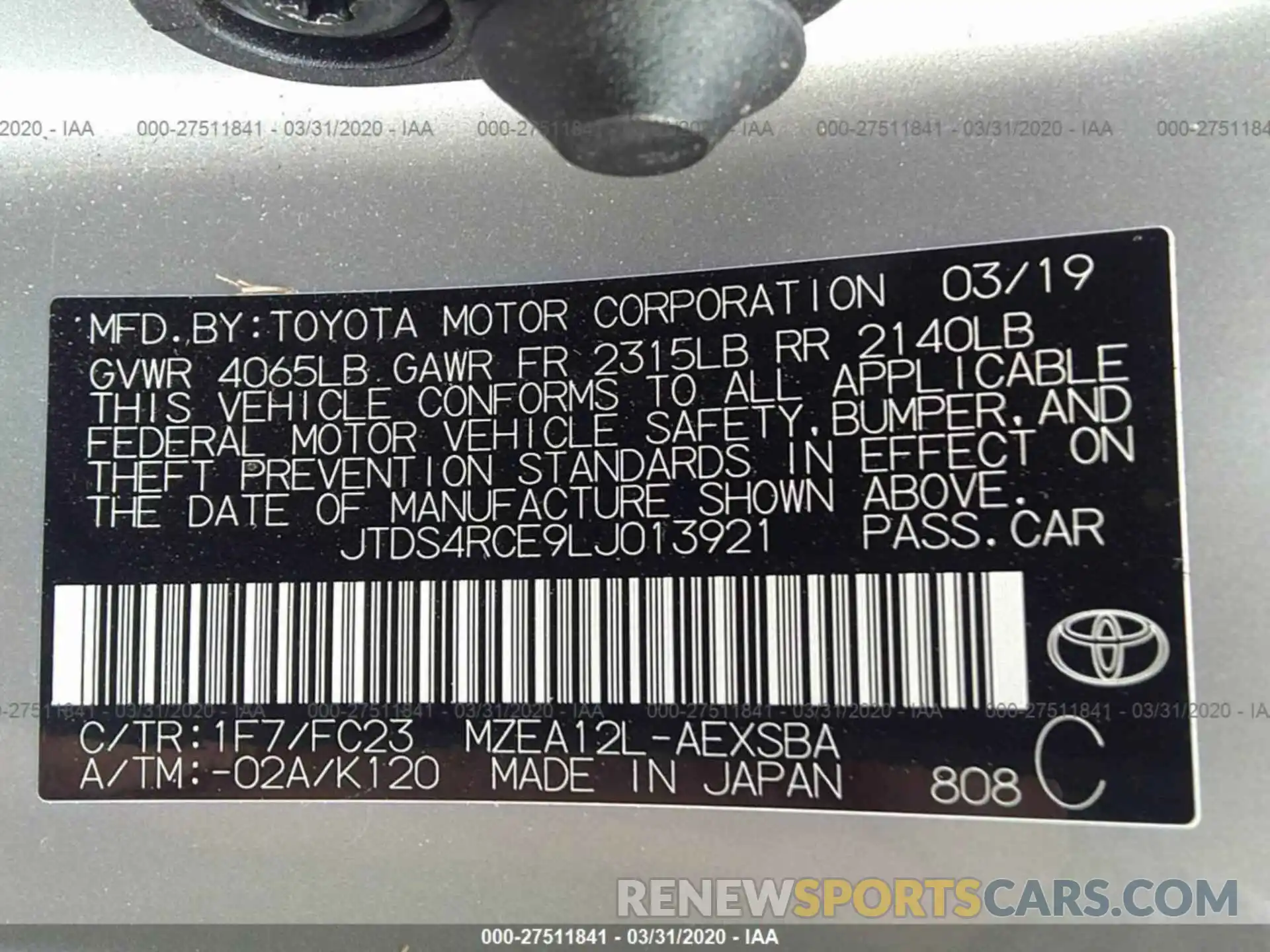 9 Фотография поврежденного автомобиля JTDS4RCE9LJ013921 TOYOTA COROLLA 2020