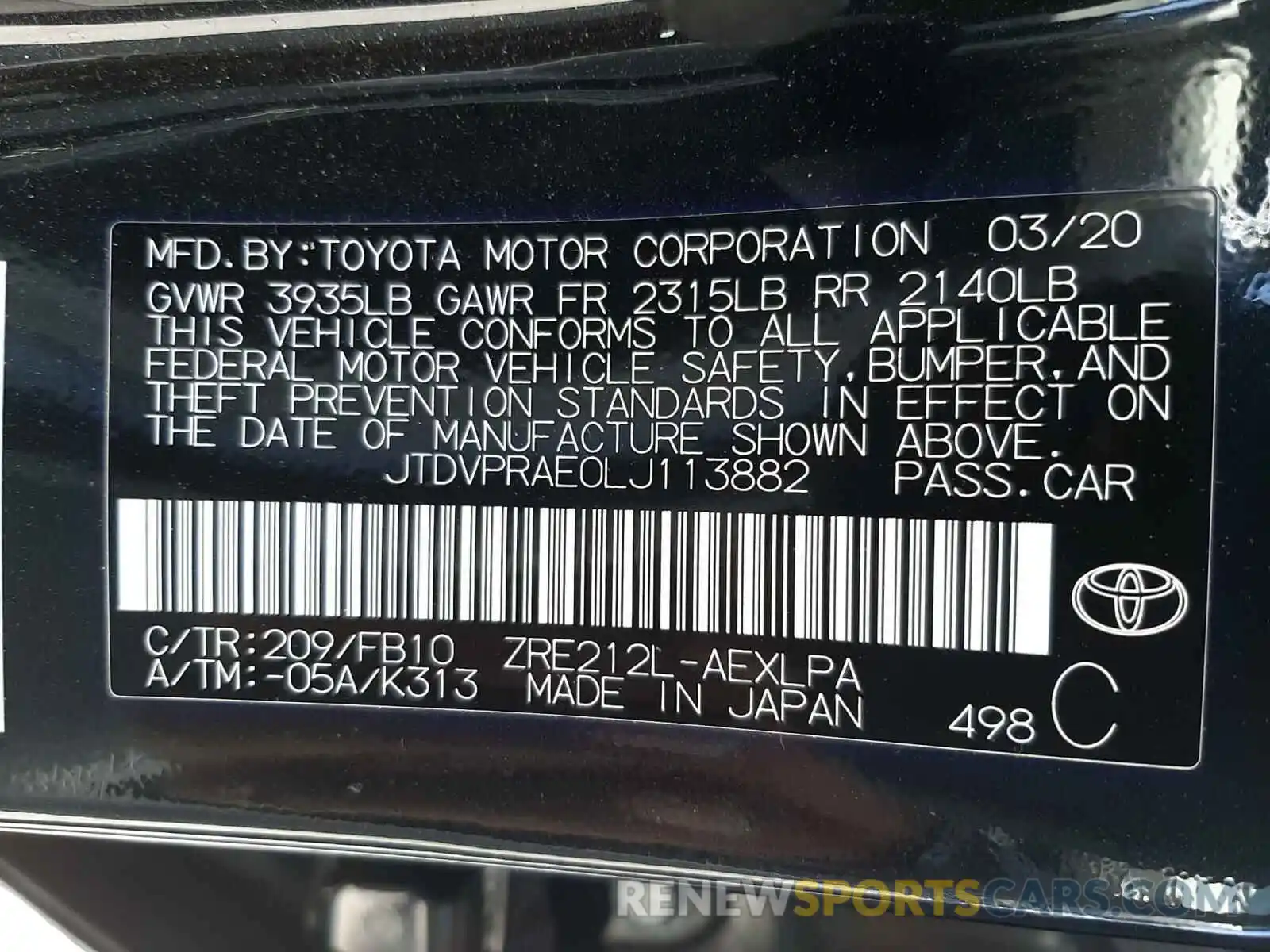 10 Фотография поврежденного автомобиля JTDVPRAE0LJ113882 TOYOTA COROLLA 2020