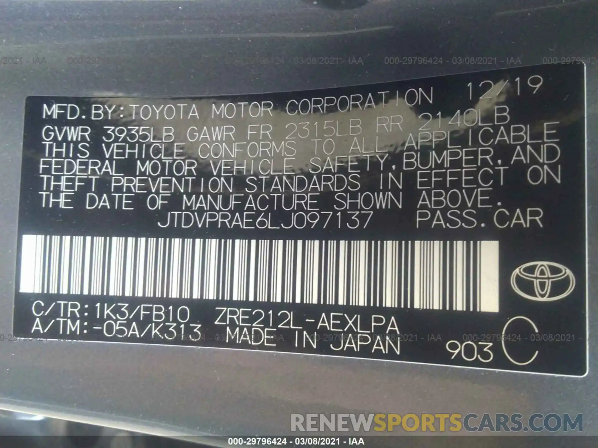 9 Photograph of a damaged car JTDVPRAE6LJ097137 TOYOTA COROLLA 2020