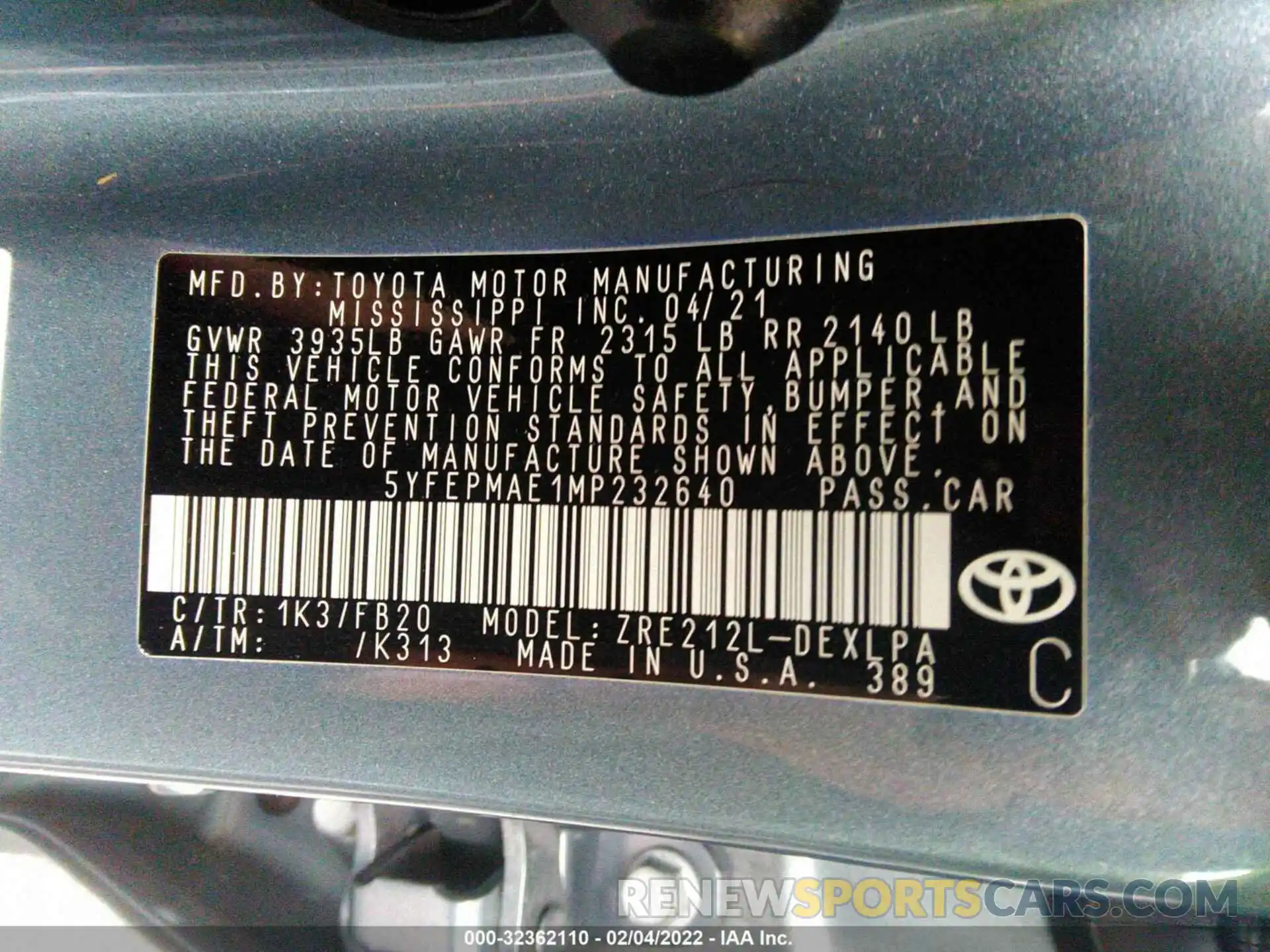 9 Фотография поврежденного автомобиля 5YFEPMAE1MP232640 TOYOTA COROLLA 2021