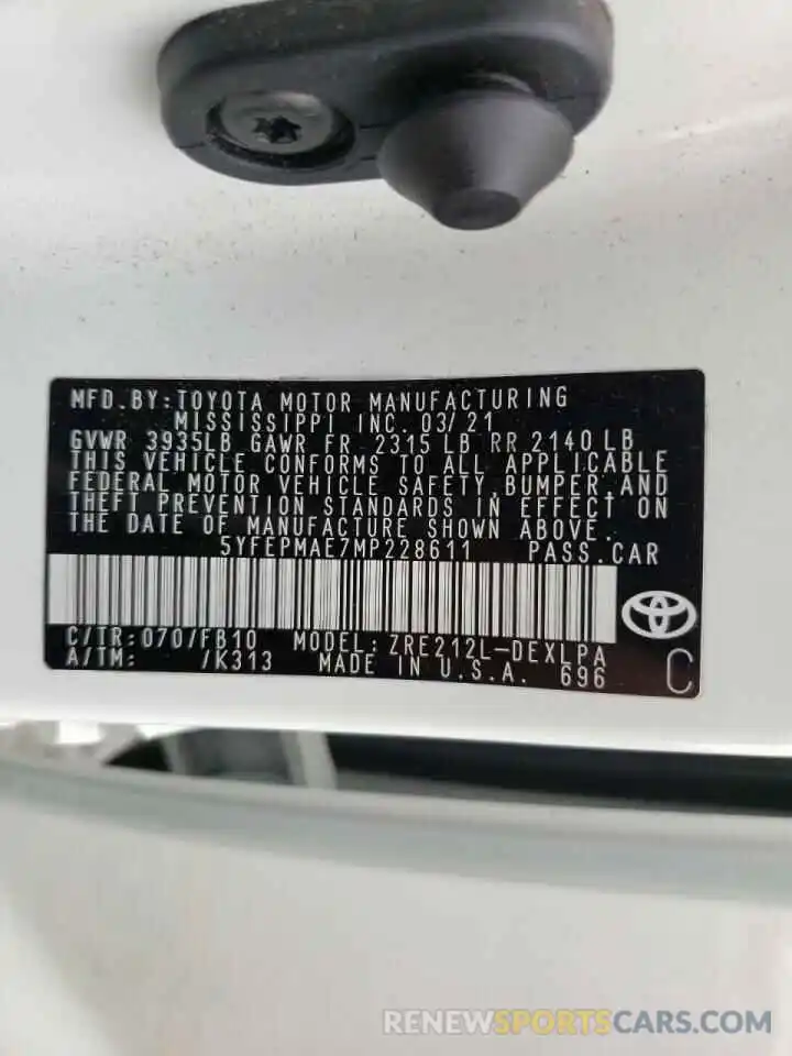 10 Фотография поврежденного автомобиля 5YFEPMAE7MP228611 TOYOTA COROLLA 2021