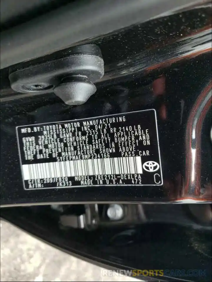 10 Photograph of a damaged car 5YFEPMAE9MP234166 TOYOTA COROLLA 2021