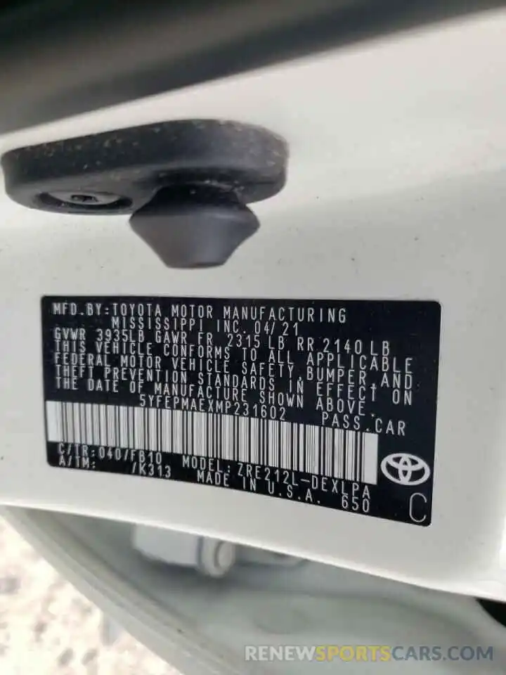 10 Photograph of a damaged car 5YFEPMAEXMP231602 TOYOTA COROLLA 2021