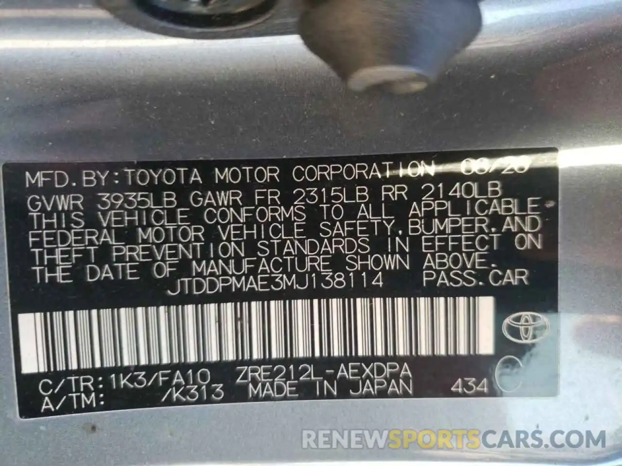 10 Фотография поврежденного автомобиля JTDDPMAE3MJ138114 TOYOTA COROLLA 2021