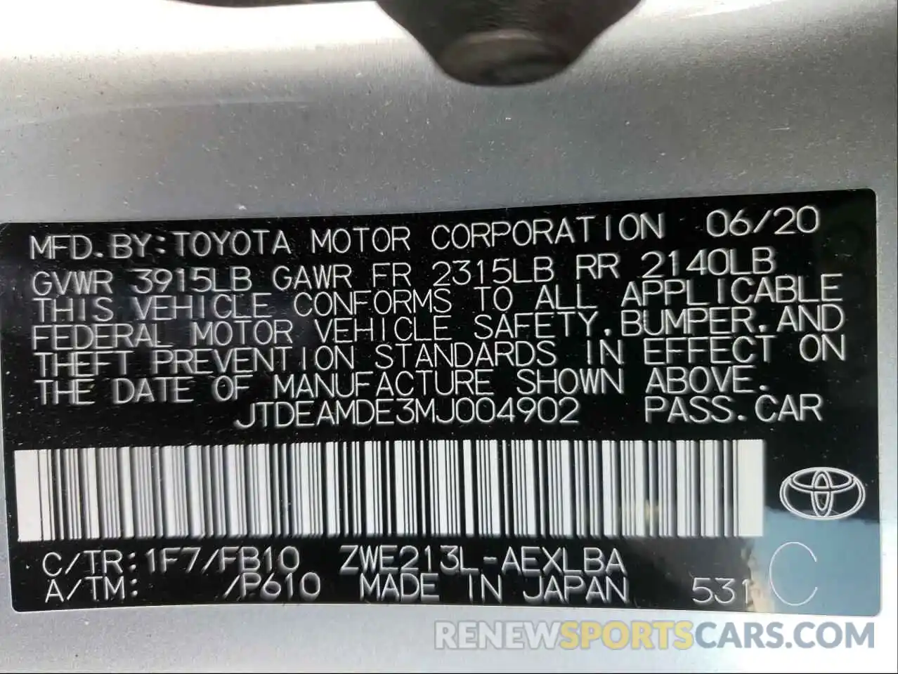 10 Фотография поврежденного автомобиля JTDEAMDE3MJ004902 TOYOTA COROLLA 2021