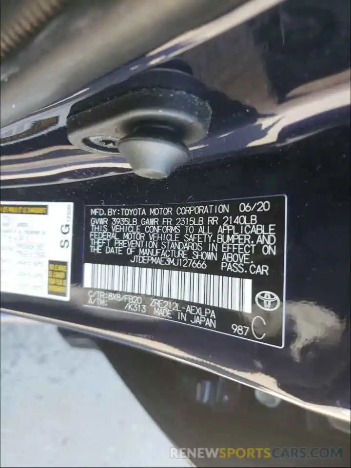 10 Photograph of a damaged car JTDEPMAE3MJ127666 TOYOTA COROLLA 2021