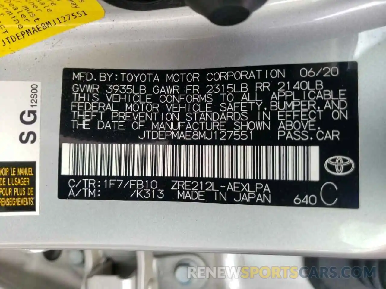 10 Фотография поврежденного автомобиля JTDEPMAE8MJ127551 TOYOTA COROLLA 2021