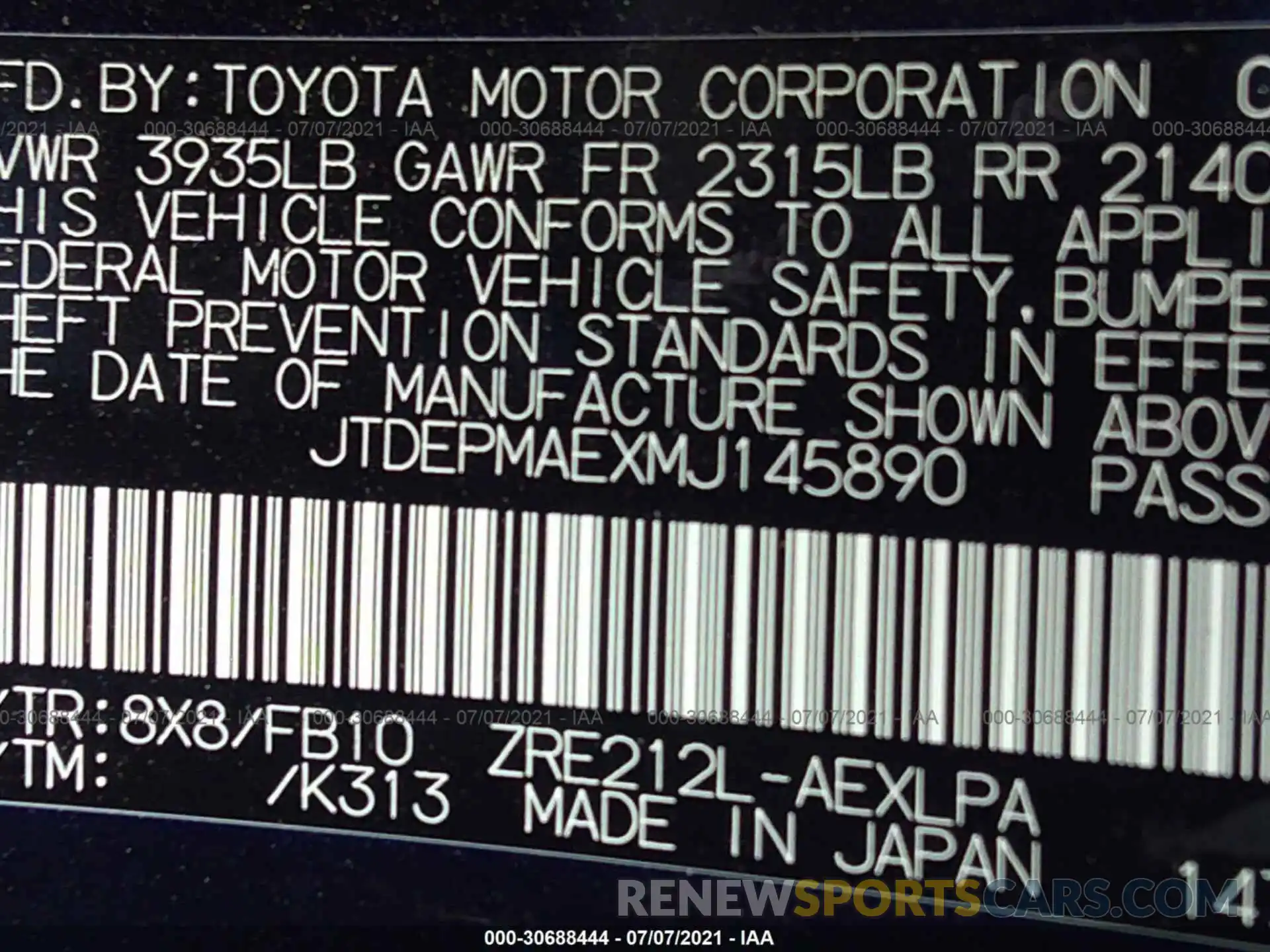 9 Photograph of a damaged car JTDEPMAEXMJ145890 TOYOTA COROLLA 2021