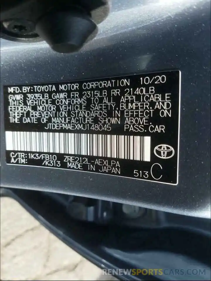 10 Photograph of a damaged car JTDEPMAEXMJ148045 TOYOTA COROLLA 2021