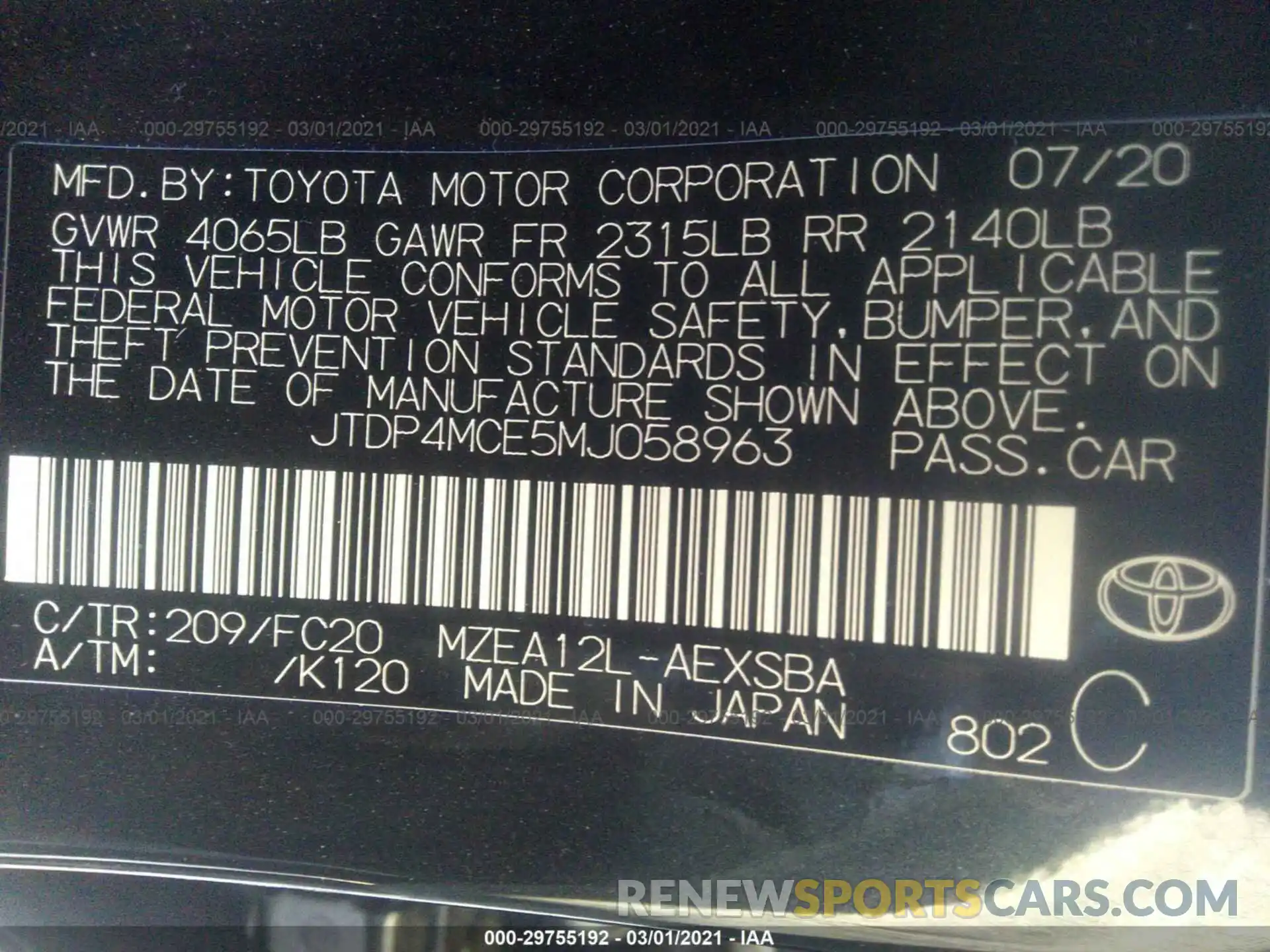 9 Фотография поврежденного автомобиля JTDP4MCE5MJ058963 TOYOTA COROLLA 2021