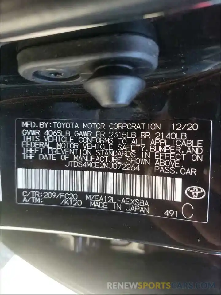 10 Фотография поврежденного автомобиля JTDS4MCE2MJ072264 TOYOTA COROLLA 2021