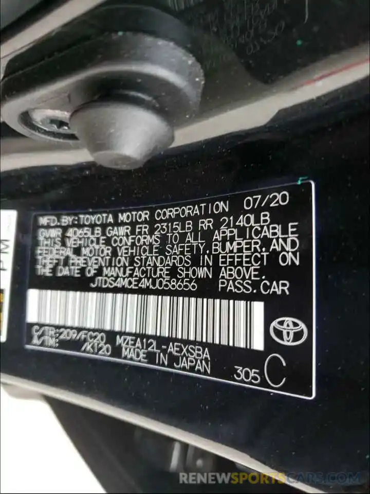 10 Photograph of a damaged car JTDS4MCE4MJ058656 TOYOTA COROLLA 2021