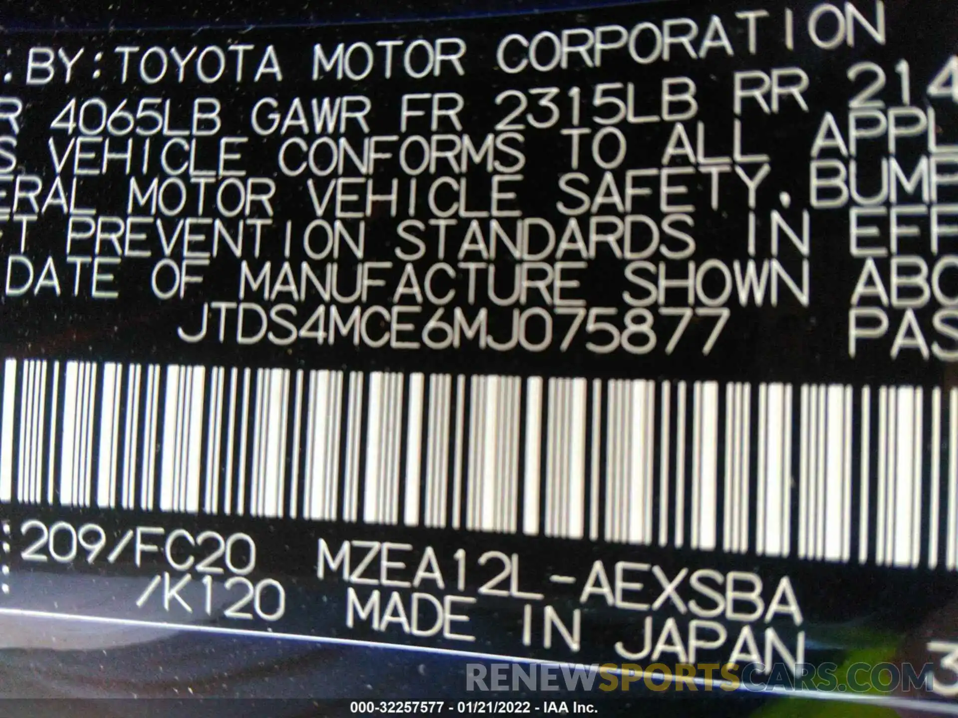 9 Photograph of a damaged car JTDS4MCE6MJ075877 TOYOTA COROLLA 2021