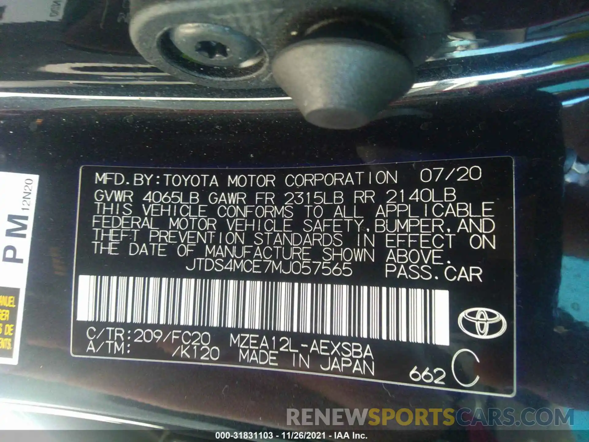 9 Фотография поврежденного автомобиля JTDS4MCE7MJ057565 TOYOTA COROLLA 2021