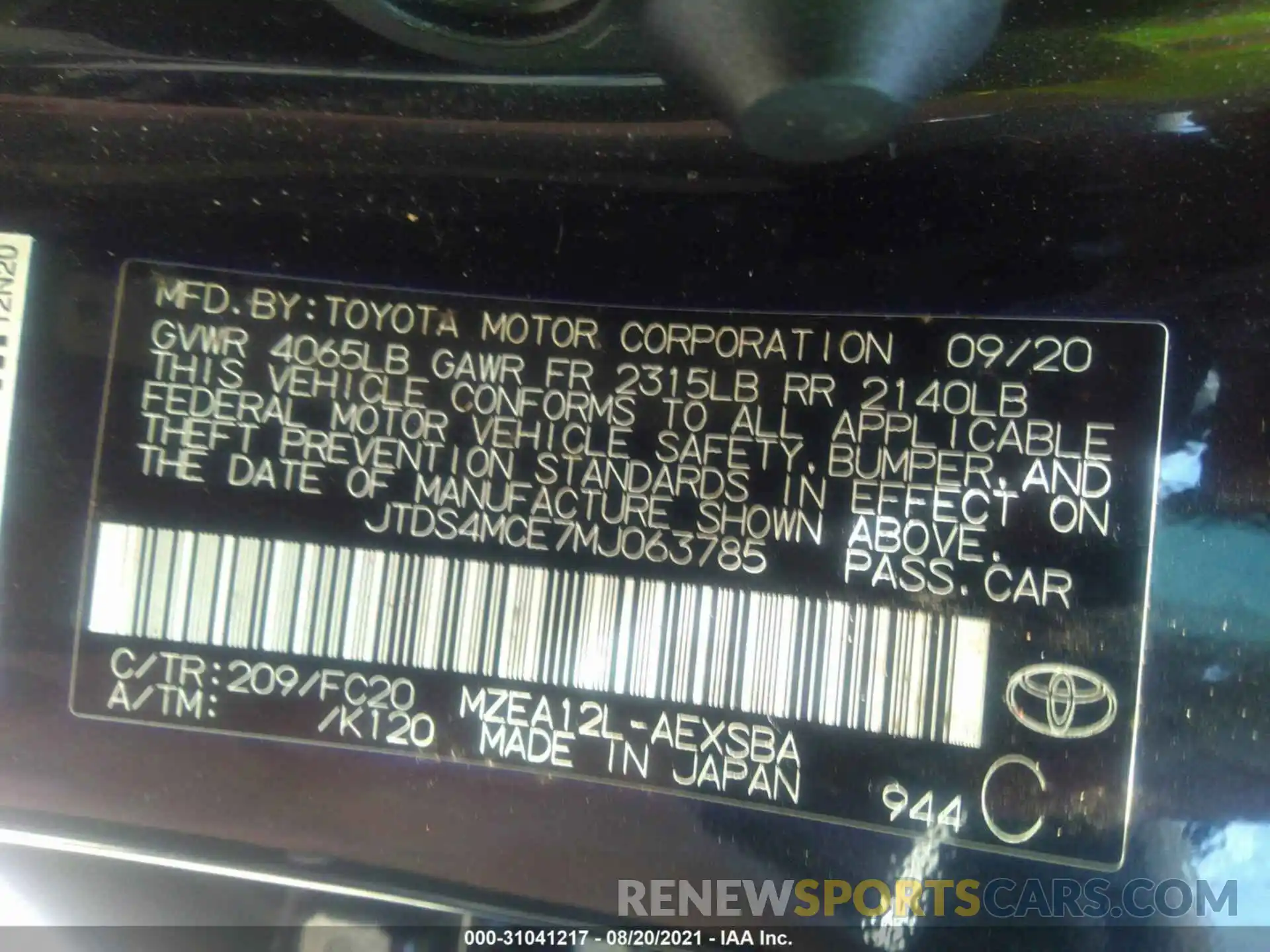 9 Фотография поврежденного автомобиля JTDS4MCE7MJ063785 TOYOTA COROLLA 2021