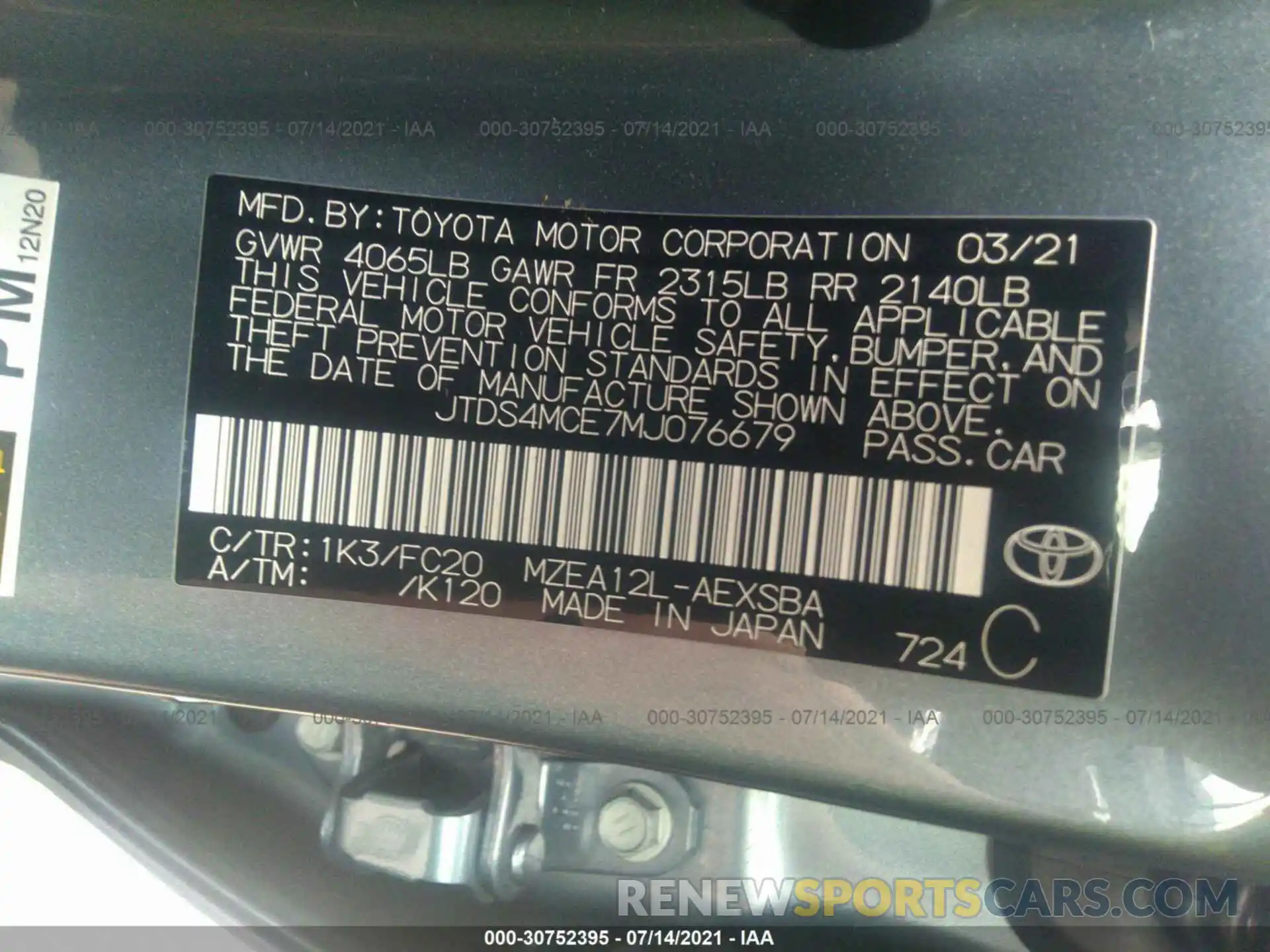 9 Фотография поврежденного автомобиля JTDS4MCE7MJ076679 TOYOTA COROLLA 2021