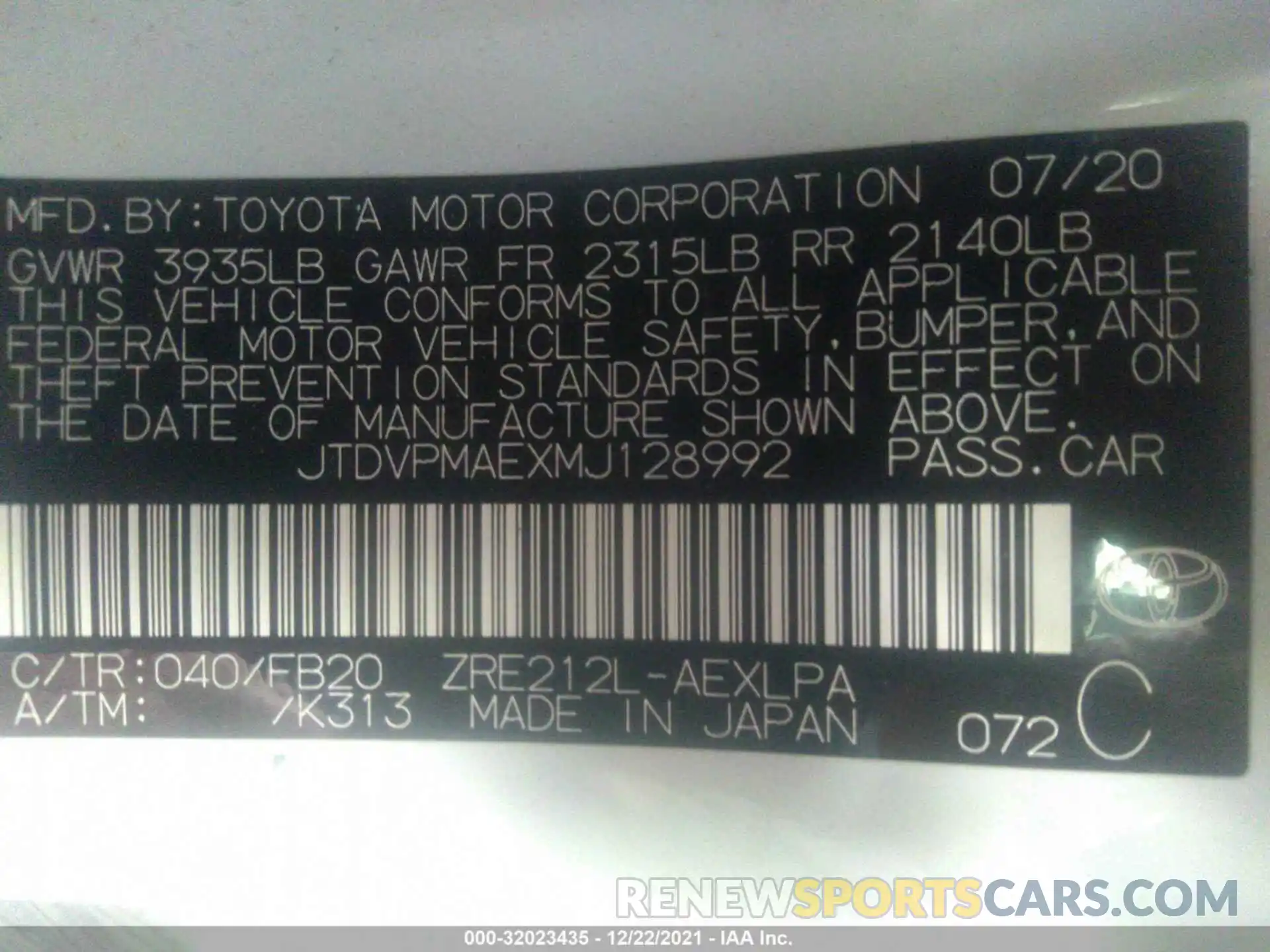 9 Photograph of a damaged car JTDVPMAEXMJ128992 TOYOTA COROLLA 2021