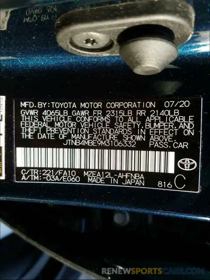 10 Фотография поврежденного автомобиля JTNB4MBE9M3106332 TOYOTA COROLLA 2021