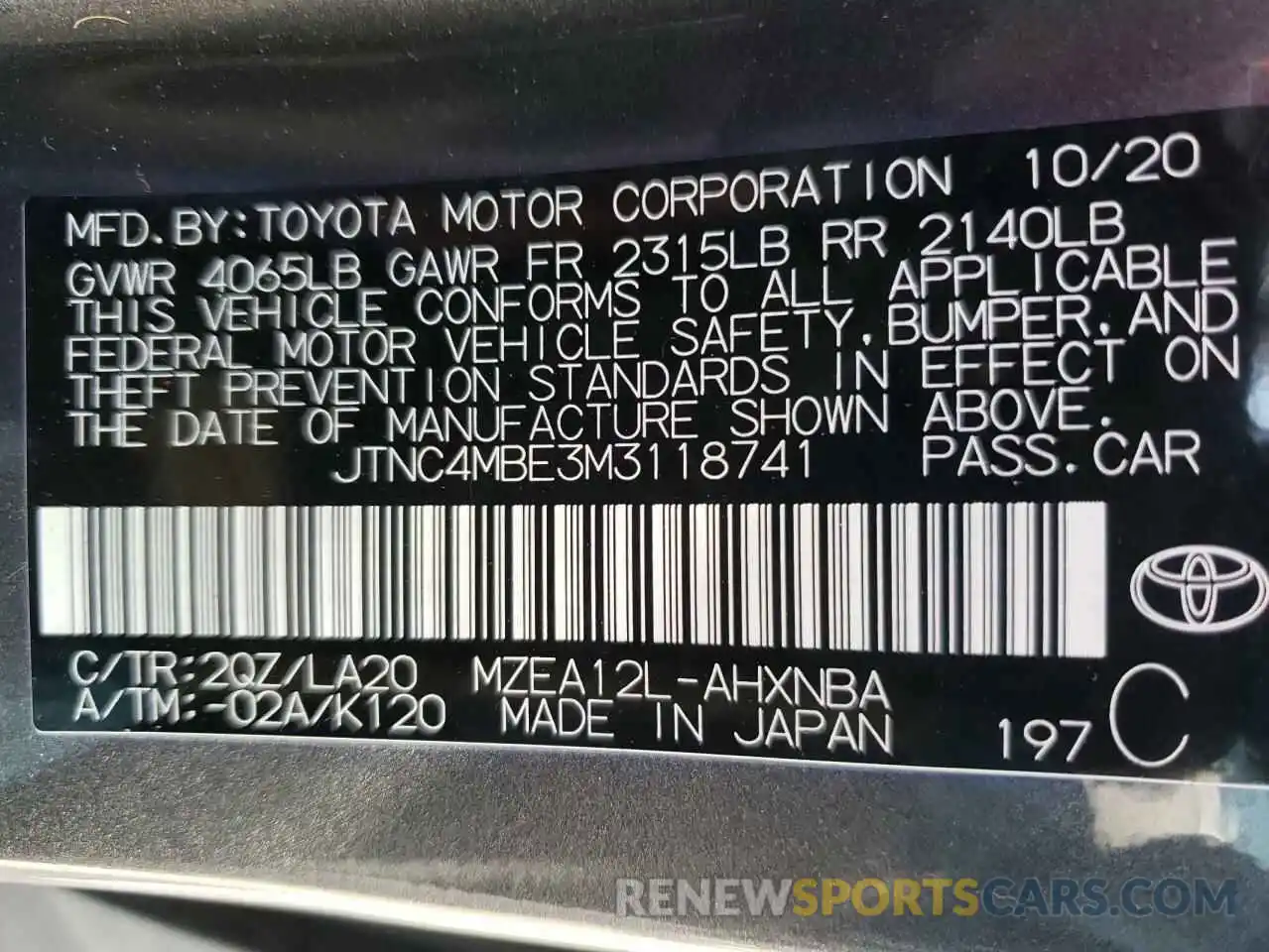 10 Фотография поврежденного автомобиля JTNC4MBE3M3118741 TOYOTA COROLLA 2021