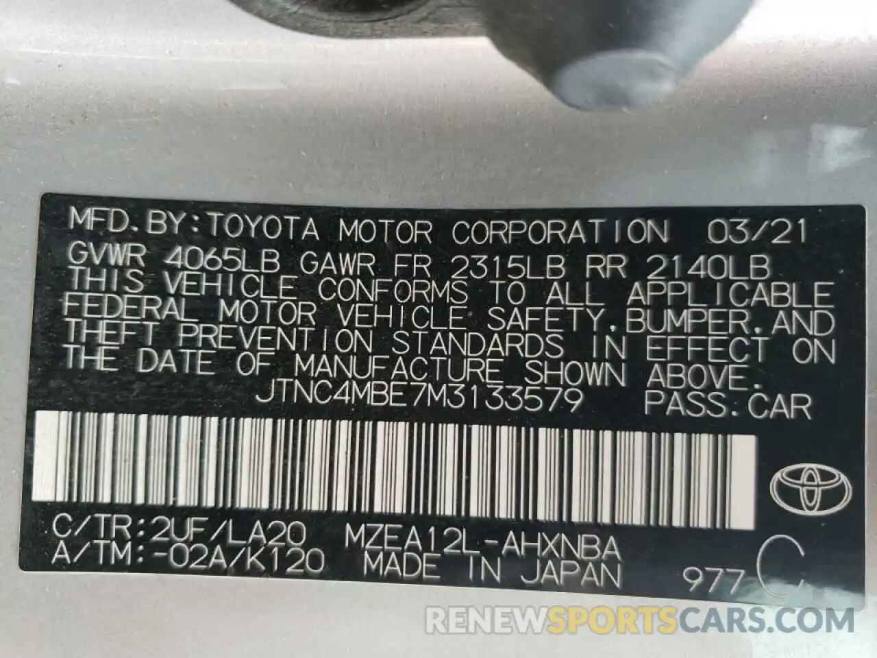 10 Фотография поврежденного автомобиля JTNC4MBE7M3133579 TOYOTA COROLLA 2021