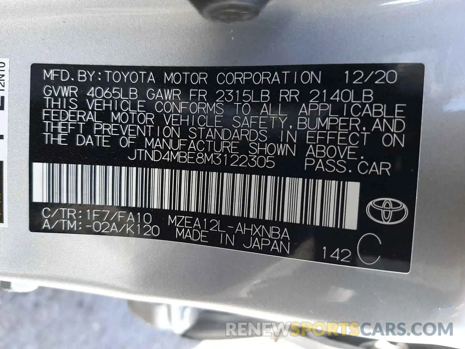 10 Фотография поврежденного автомобиля JTND4MBE8M3122305 TOYOTA COROLLA 2021