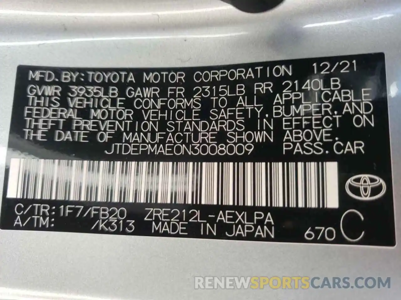 10 Фотография поврежденного автомобиля JTDEPMAE0N3008009 TOYOTA COROLLA 2022