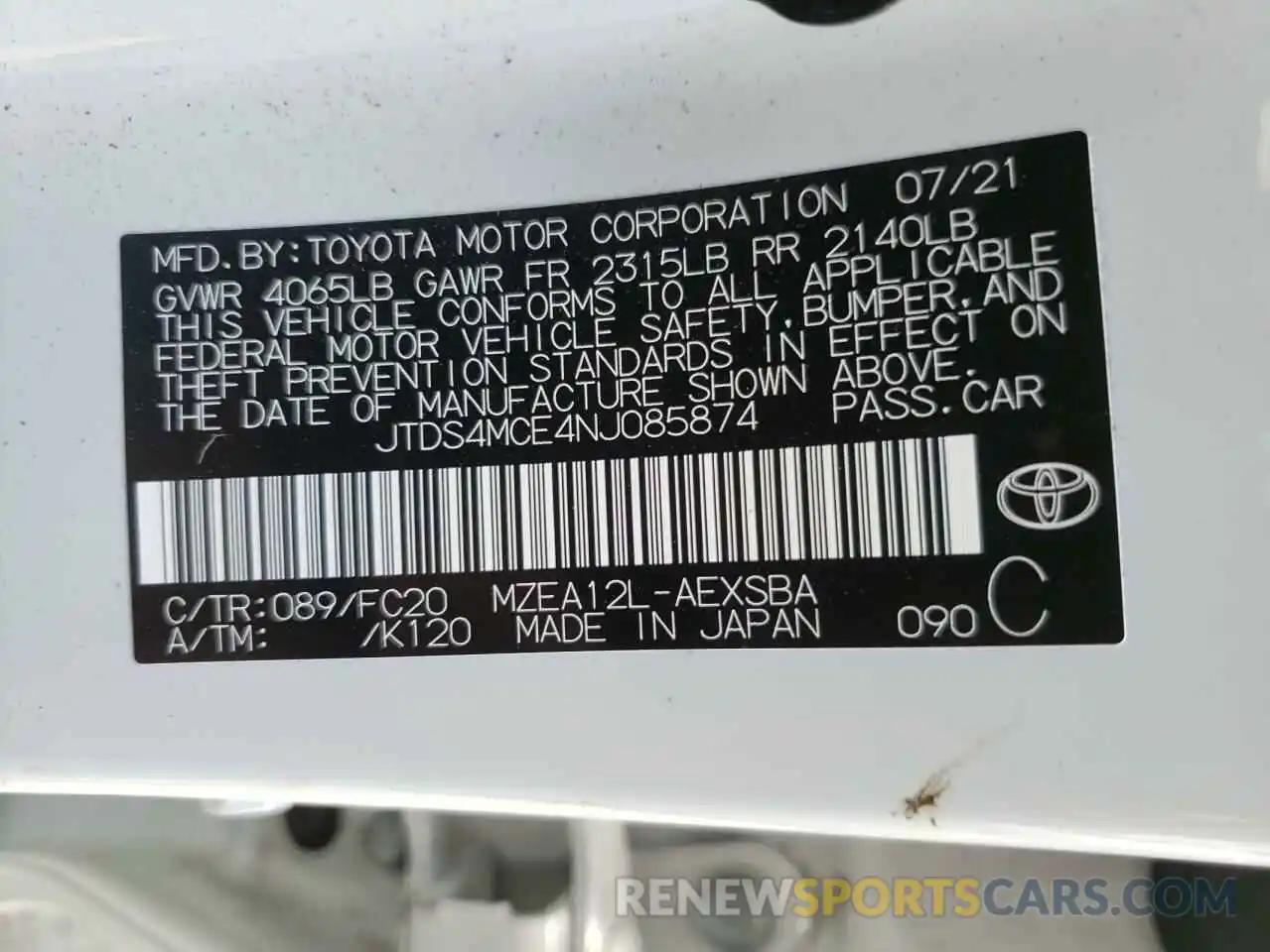 10 Photograph of a damaged car JTDS4MCE4NJ085874 TOYOTA COROLLA 2022