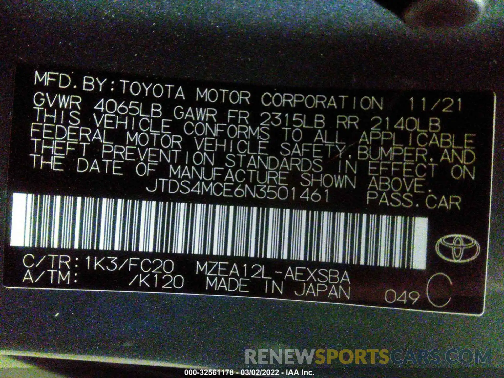 9 Photograph of a damaged car JTDS4MCE6N3501461 TOYOTA COROLLA 2022