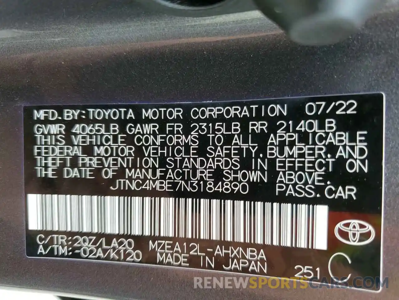 10 Фотография поврежденного автомобиля JTNC4MBE7N3184890 TOYOTA COROLLA 2022