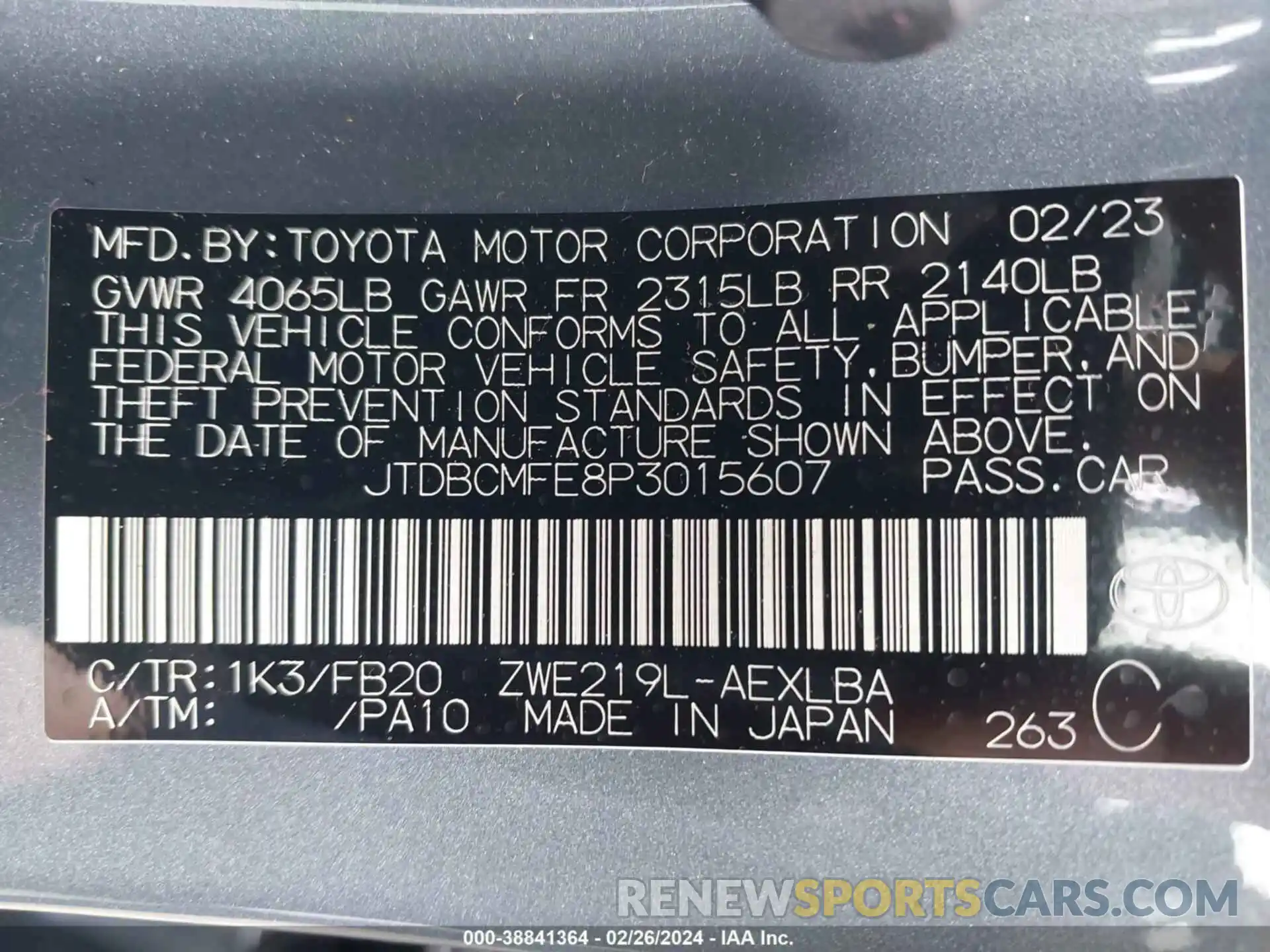 9 Фотография поврежденного автомобиля JTDBCMFE8P3015607 TOYOTA COROLLA 2023