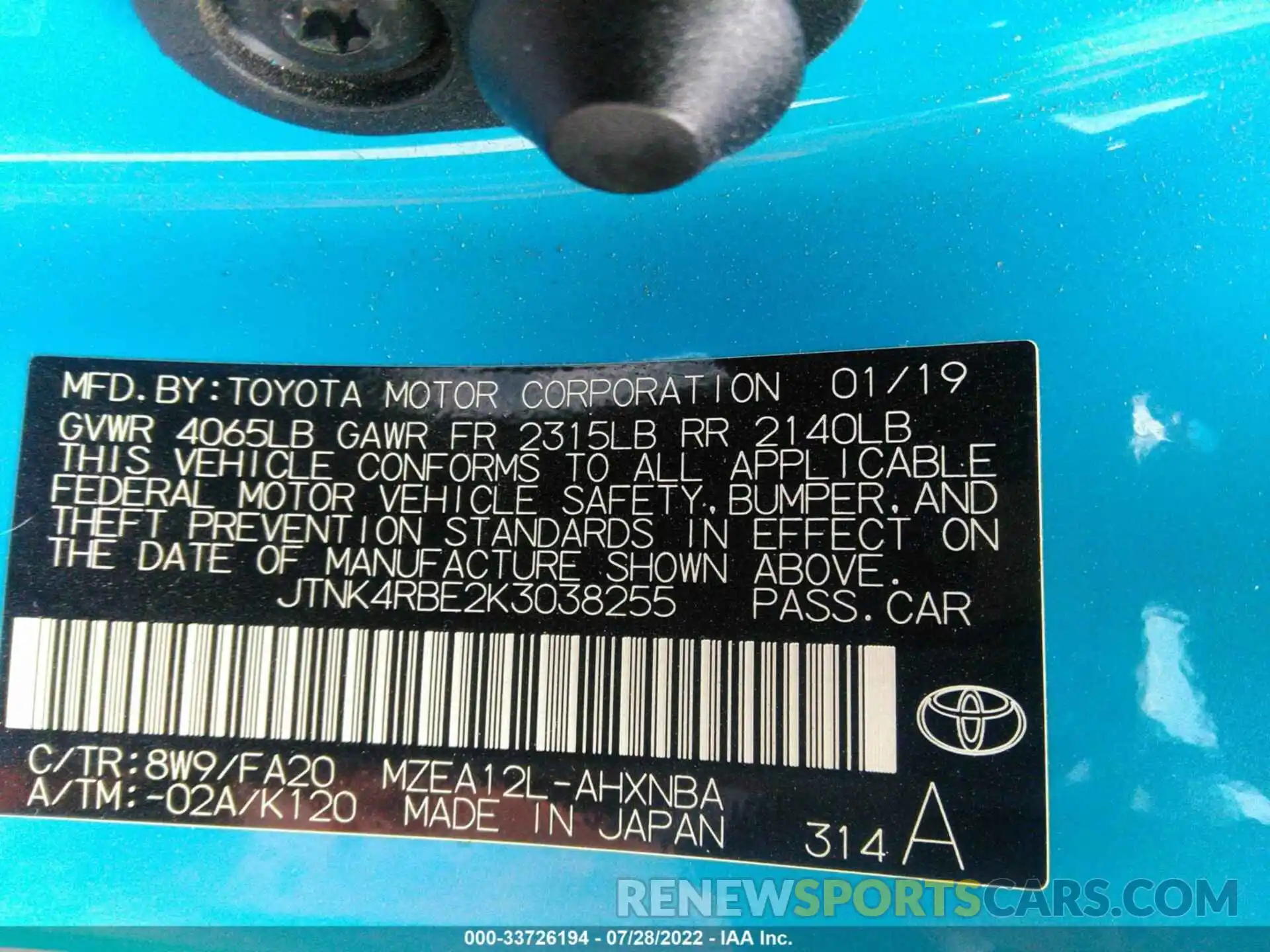 9 Photograph of a damaged car JTNK4RBE2K3038255 TOYOTA COROLLA HATCHBACK 2019