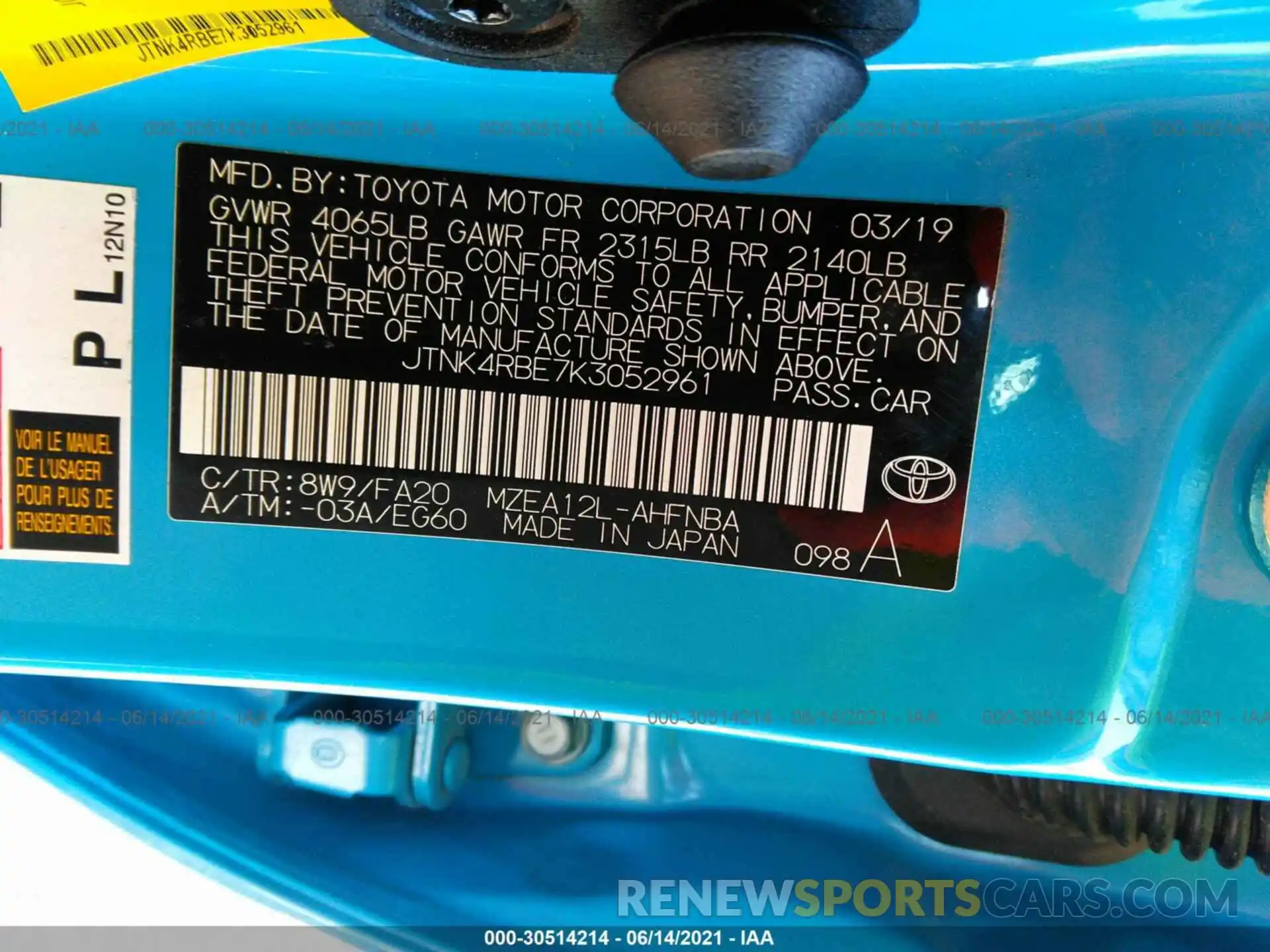 9 Photograph of a damaged car JTNK4RBE7K3052961 TOYOTA COROLLA HATCHBACK 2019