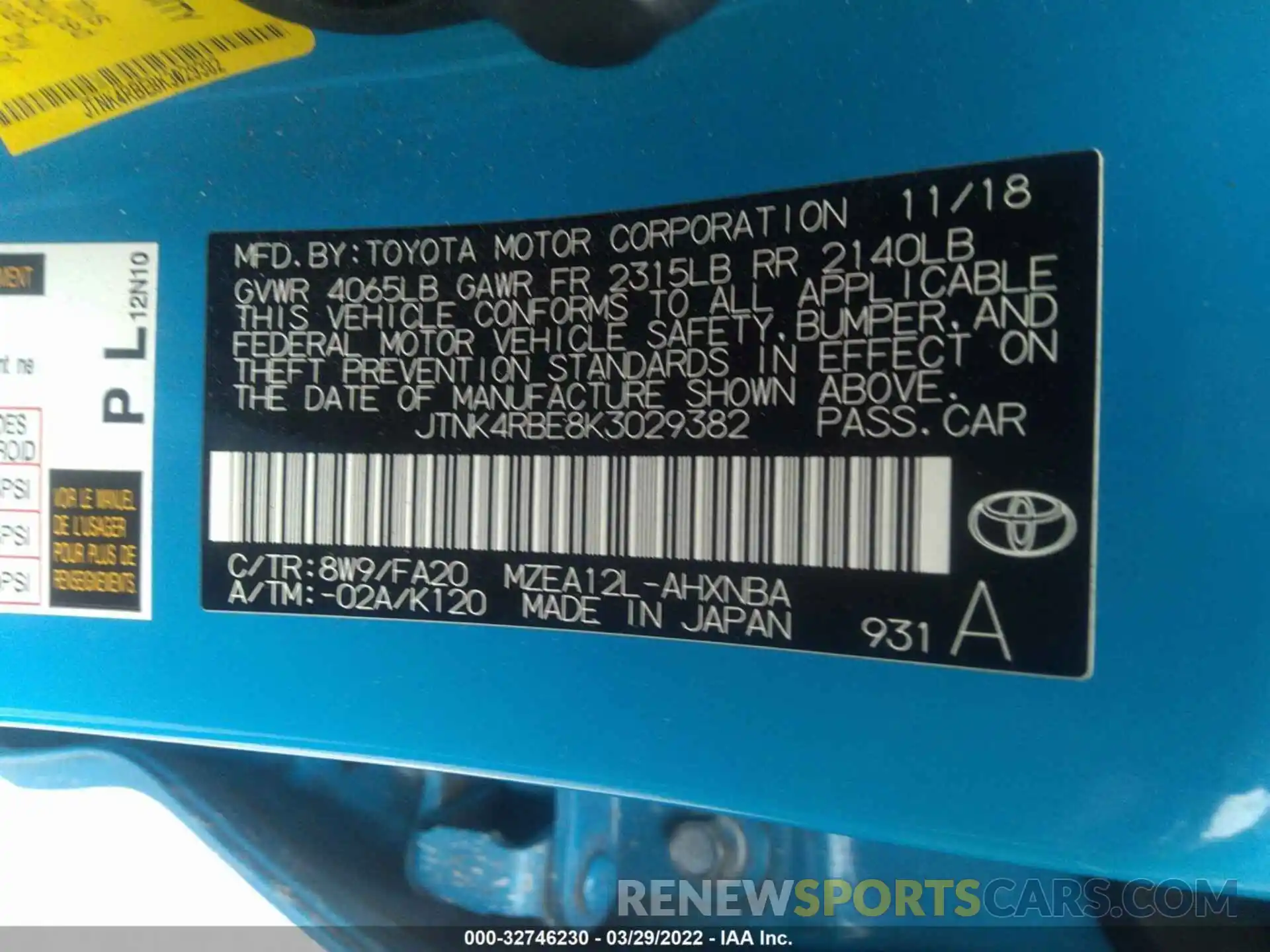 9 Photograph of a damaged car JTNK4RBE8K3029382 TOYOTA COROLLA HATCHBACK 2019