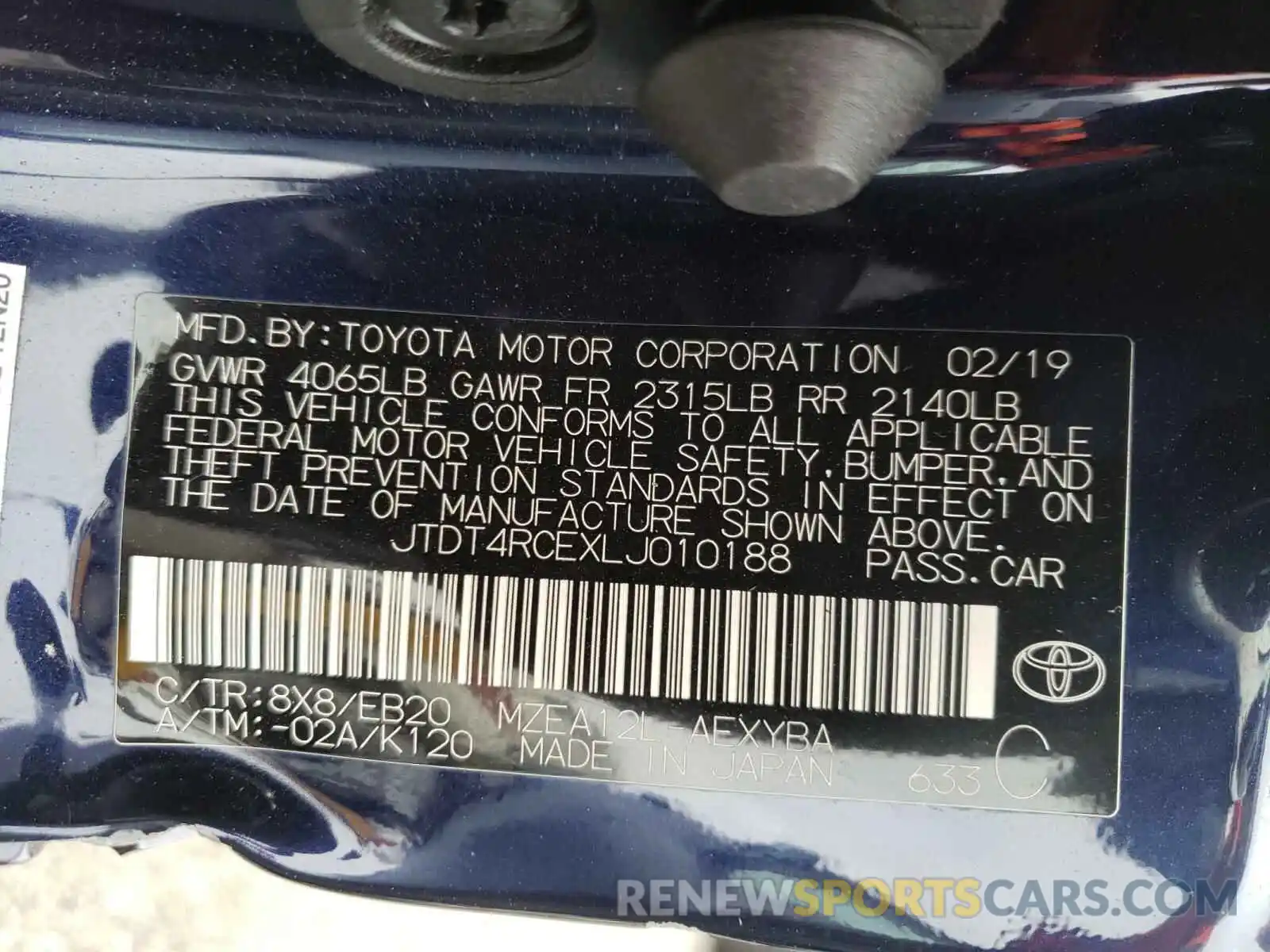 10 Photograph of a damaged car JTDT4RCEXLJ010188 TOYOTA COROLLA XS 2020