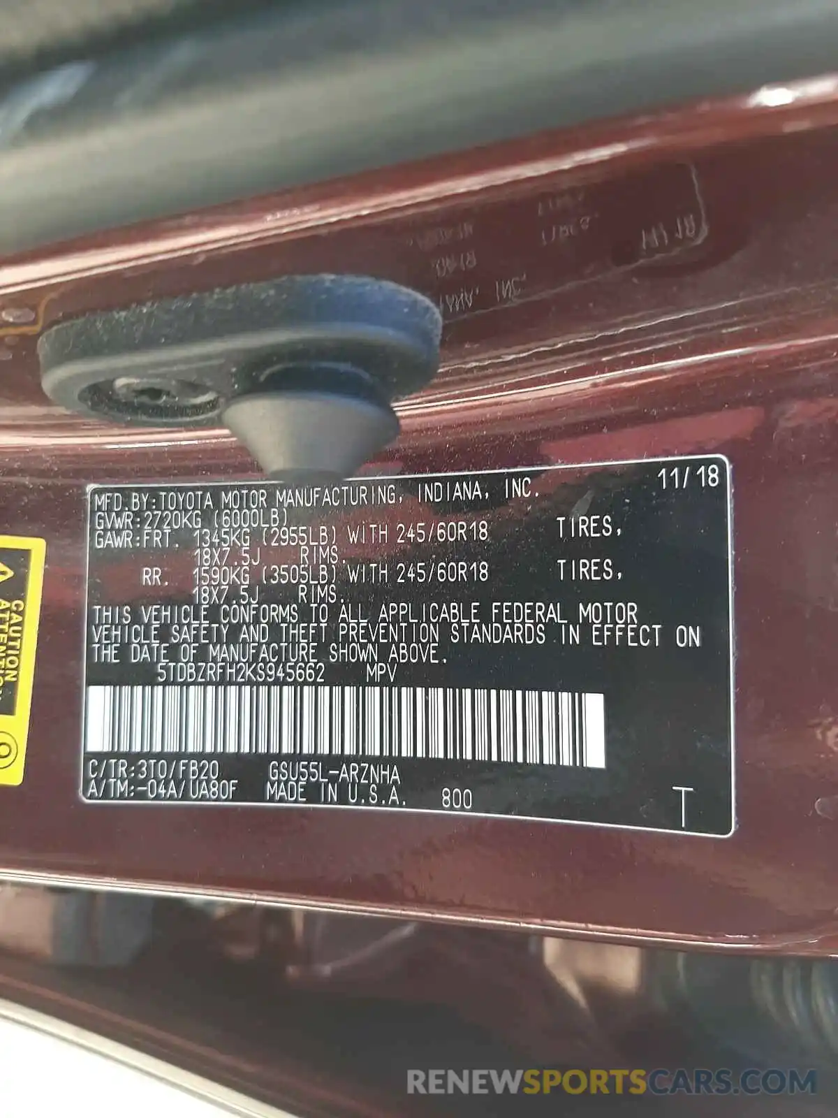 10 Photograph of a damaged car 5TDBZRFH2KS945662 TOYOTA HIGHLANDER 2019