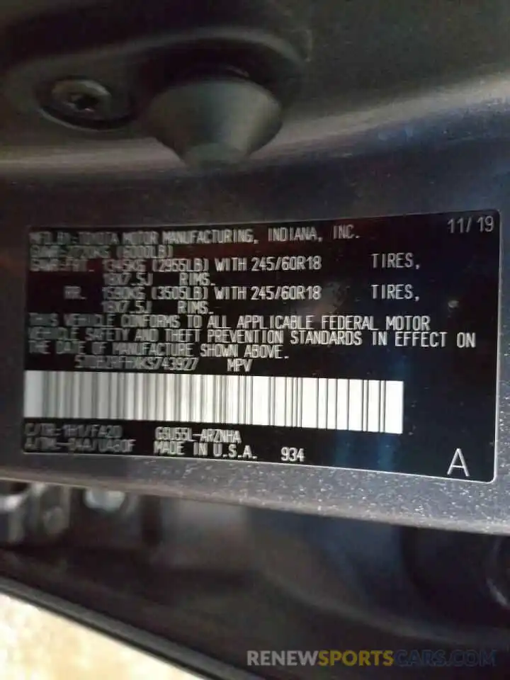 10 Photograph of a damaged car 5TDBZRFHXKS743927 TOYOTA HIGHLANDER 2019