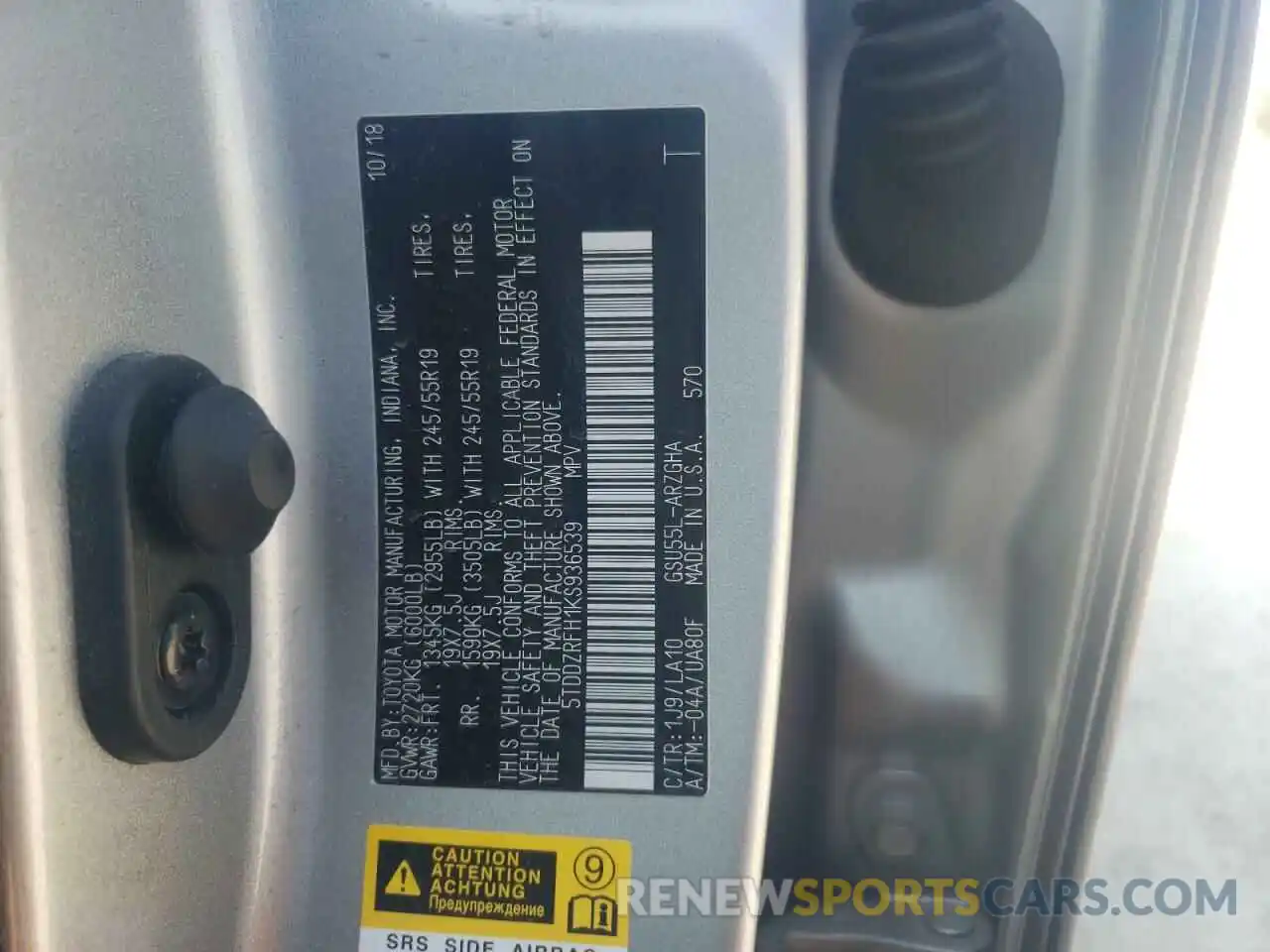 10 Photograph of a damaged car 5TDDZRFH1KS936539 TOYOTA HIGHLANDER 2019