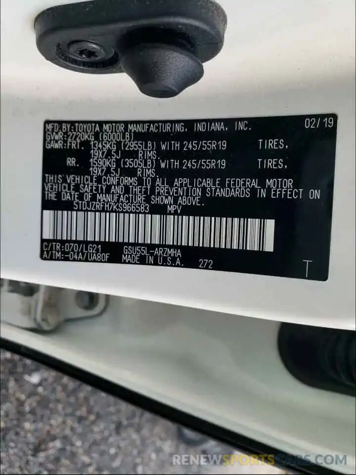 10 Photograph of a damaged car 5TDJZRFH7KS966583 TOYOTA HIGHLANDER 2019
