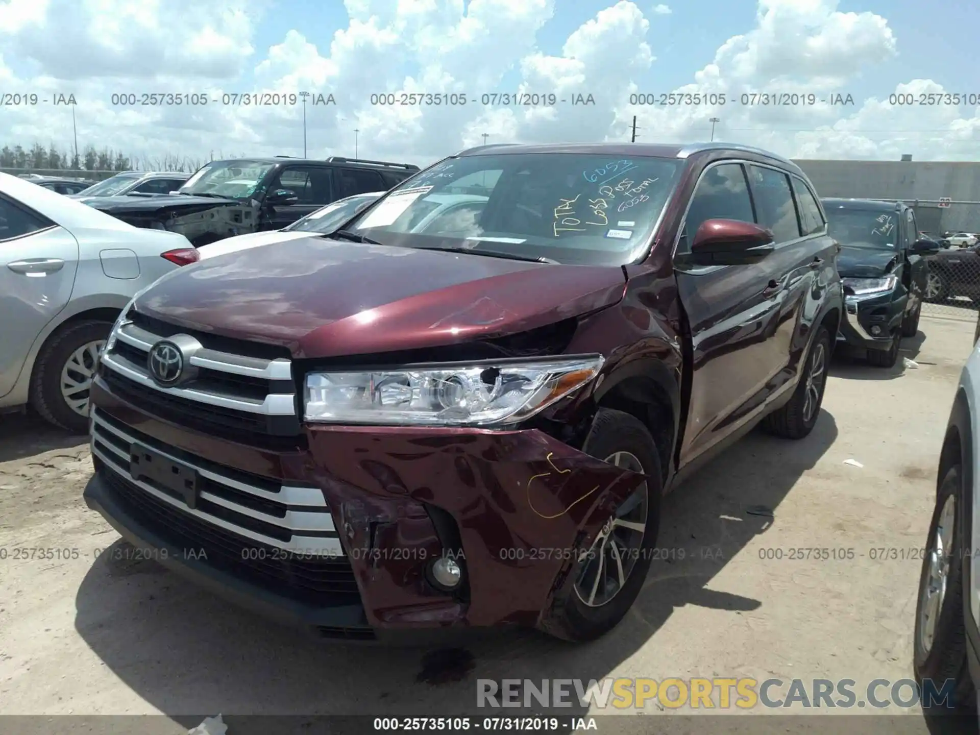 2 Photograph of a damaged car 5TDKZRFH3KS292372 TOYOTA HIGHLANDER 2019