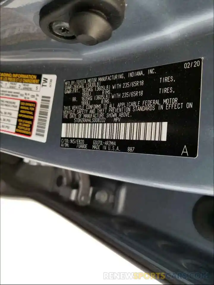 10 Photograph of a damaged car 5TDHZRAH4LS008332 TOYOTA HIGHLANDER 2020