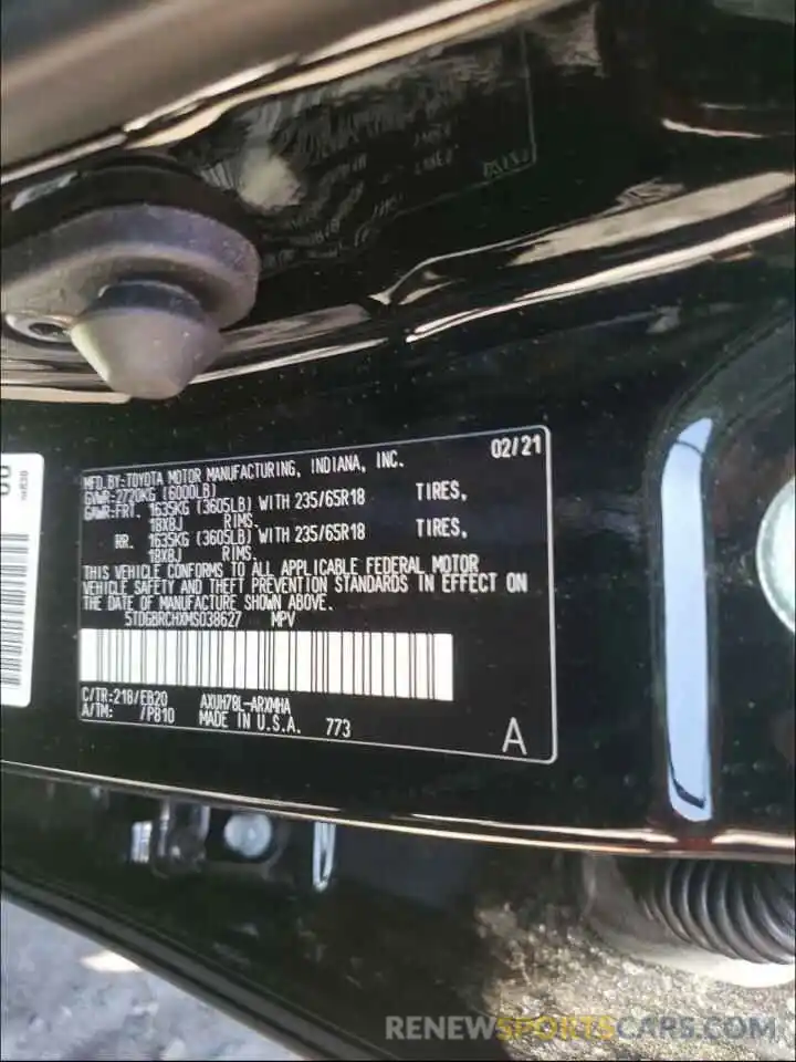 10 Фотография поврежденного автомобиля 5TDGBRCHXMS038627 TOYOTA HIGHLANDER 2021