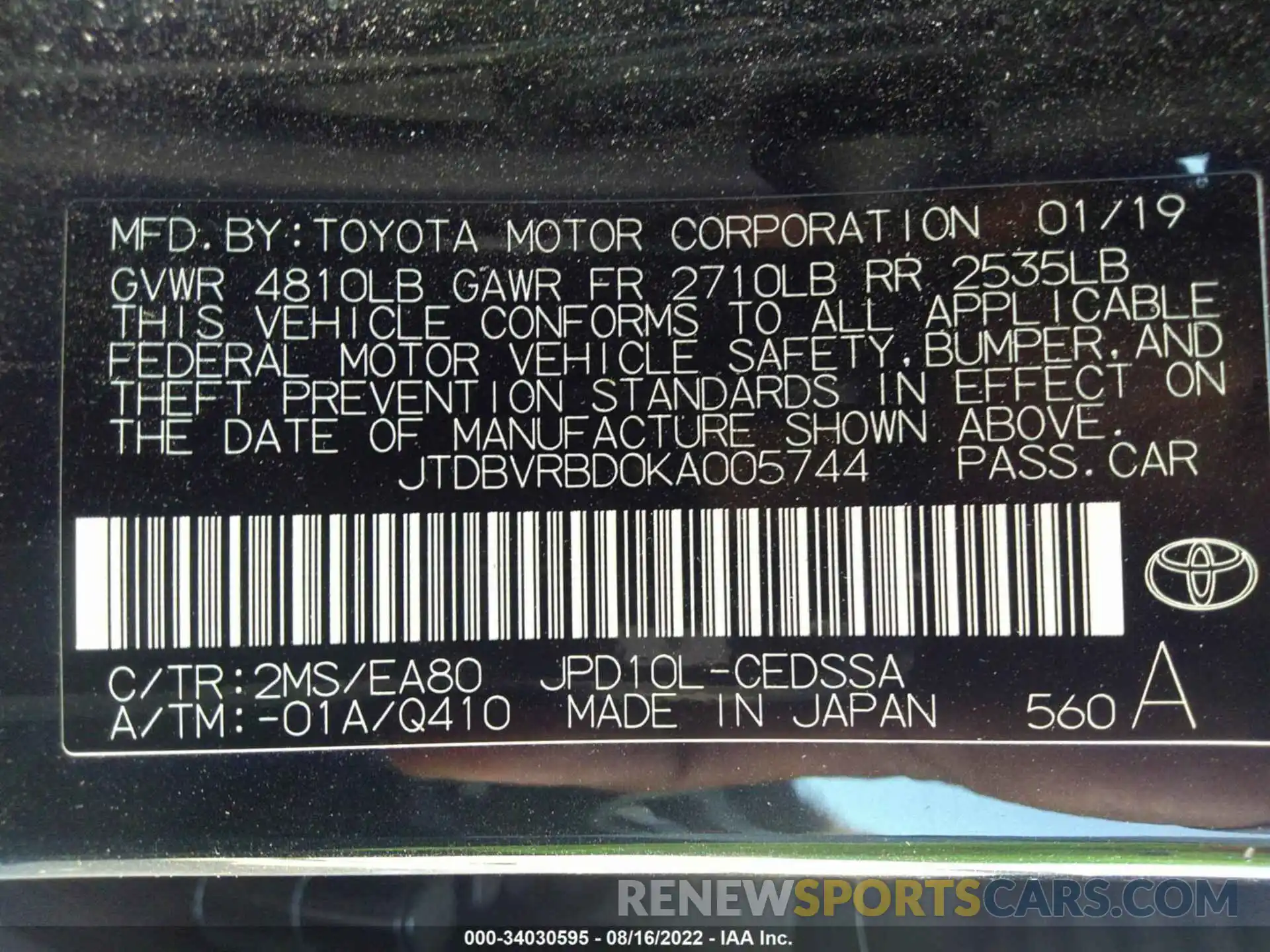 9 Photograph of a damaged car JTDBVRBD0KA005744 TOYOTA MIRAI 2019