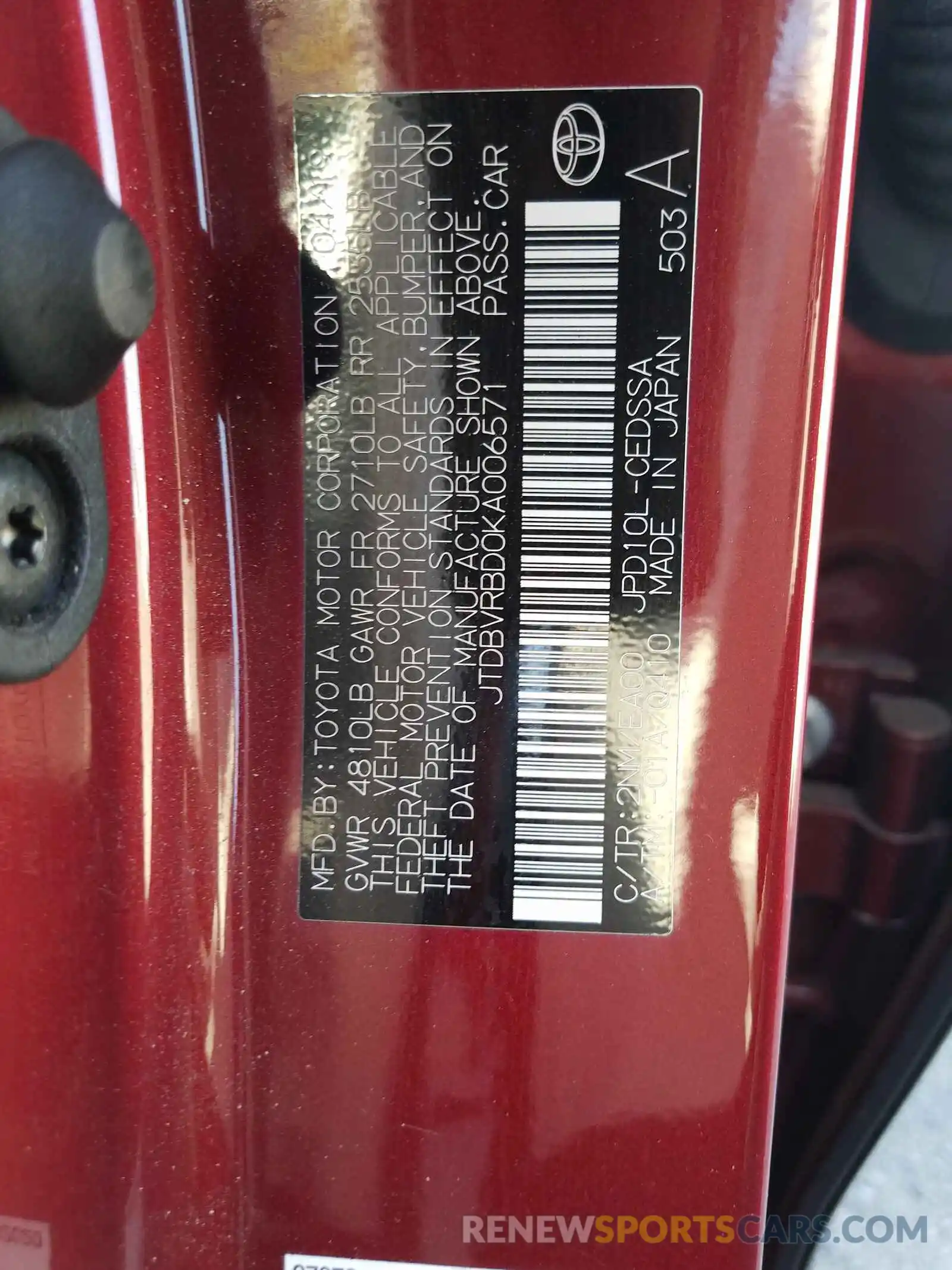 10 Photograph of a damaged car JTDBVRBD0KA006571 TOYOTA MIRAI 2019