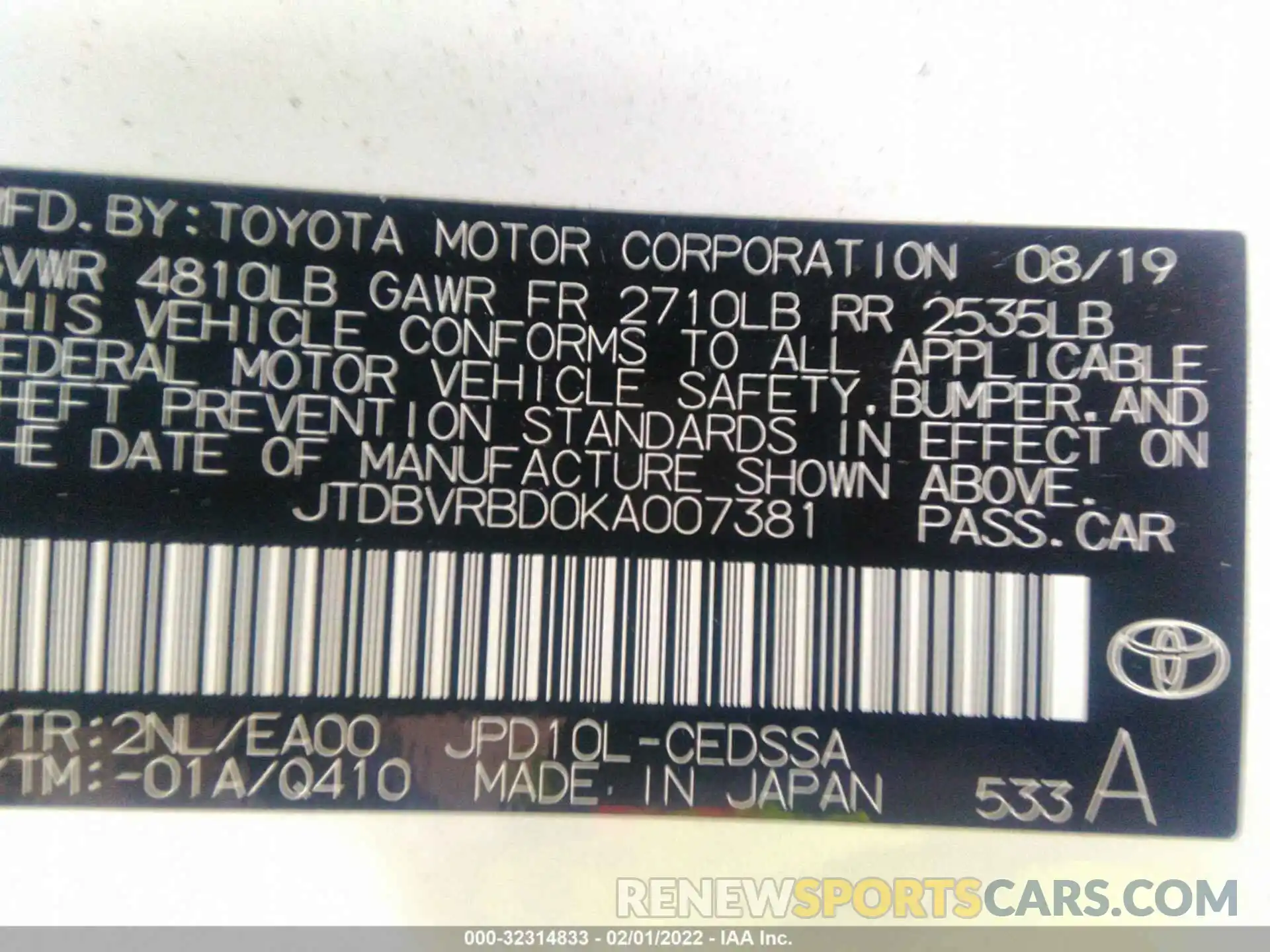 9 Photograph of a damaged car JTDBVRBD0KA007381 TOYOTA MIRAI 2019