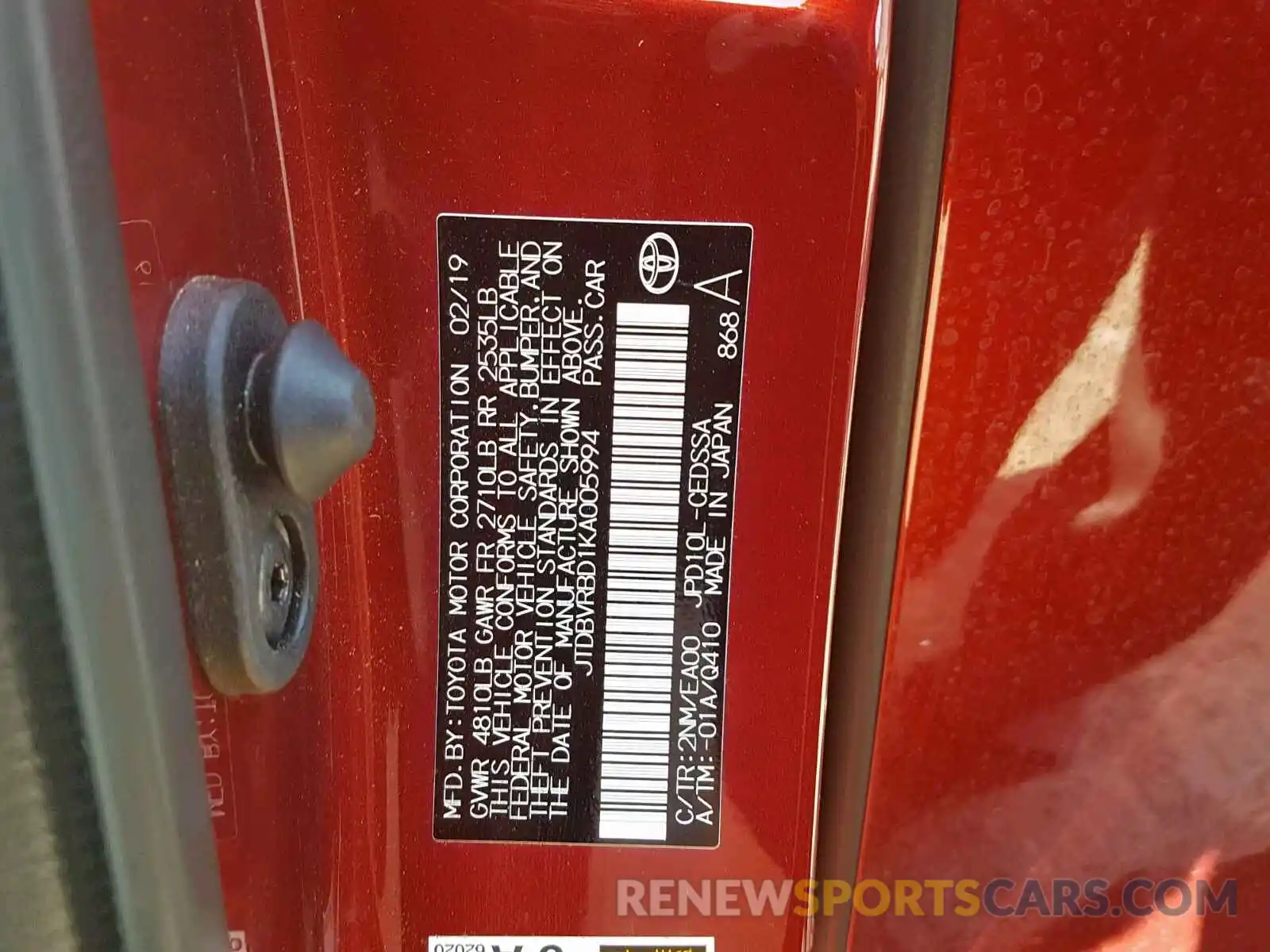 10 Photograph of a damaged car JTDBVRBD1KA005994 TOYOTA MIRAI 2019