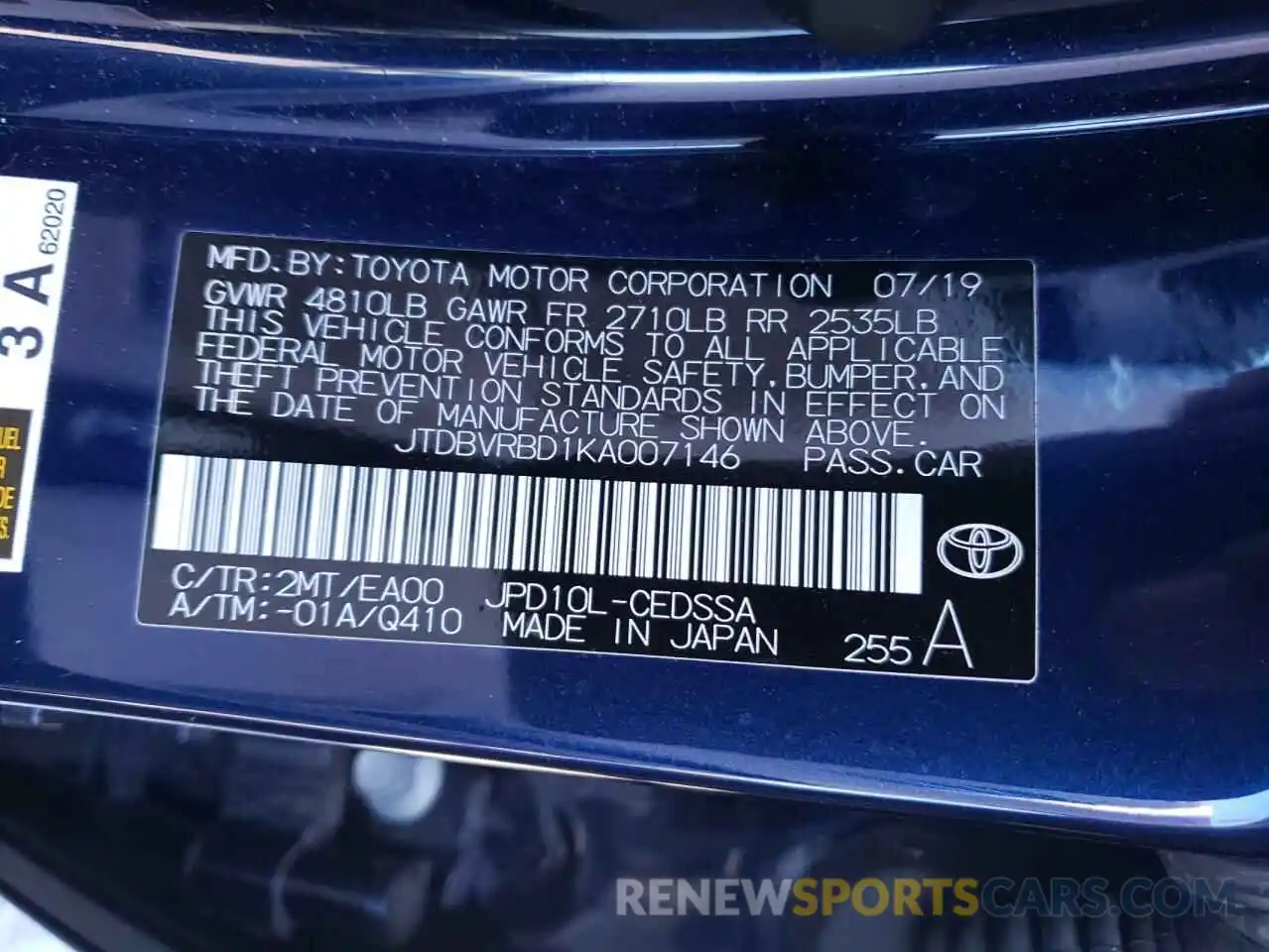 10 Photograph of a damaged car JTDBVRBD1KA007146 TOYOTA MIRAI 2019