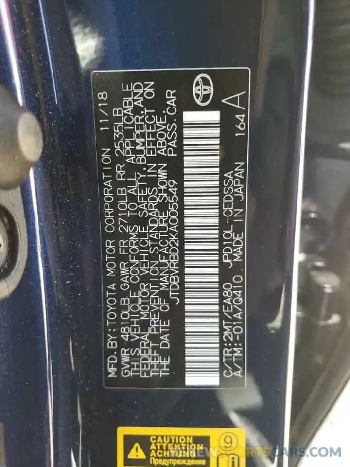 10 Photograph of a damaged car JTDBVRBD2KA005549 TOYOTA MIRAI 2019