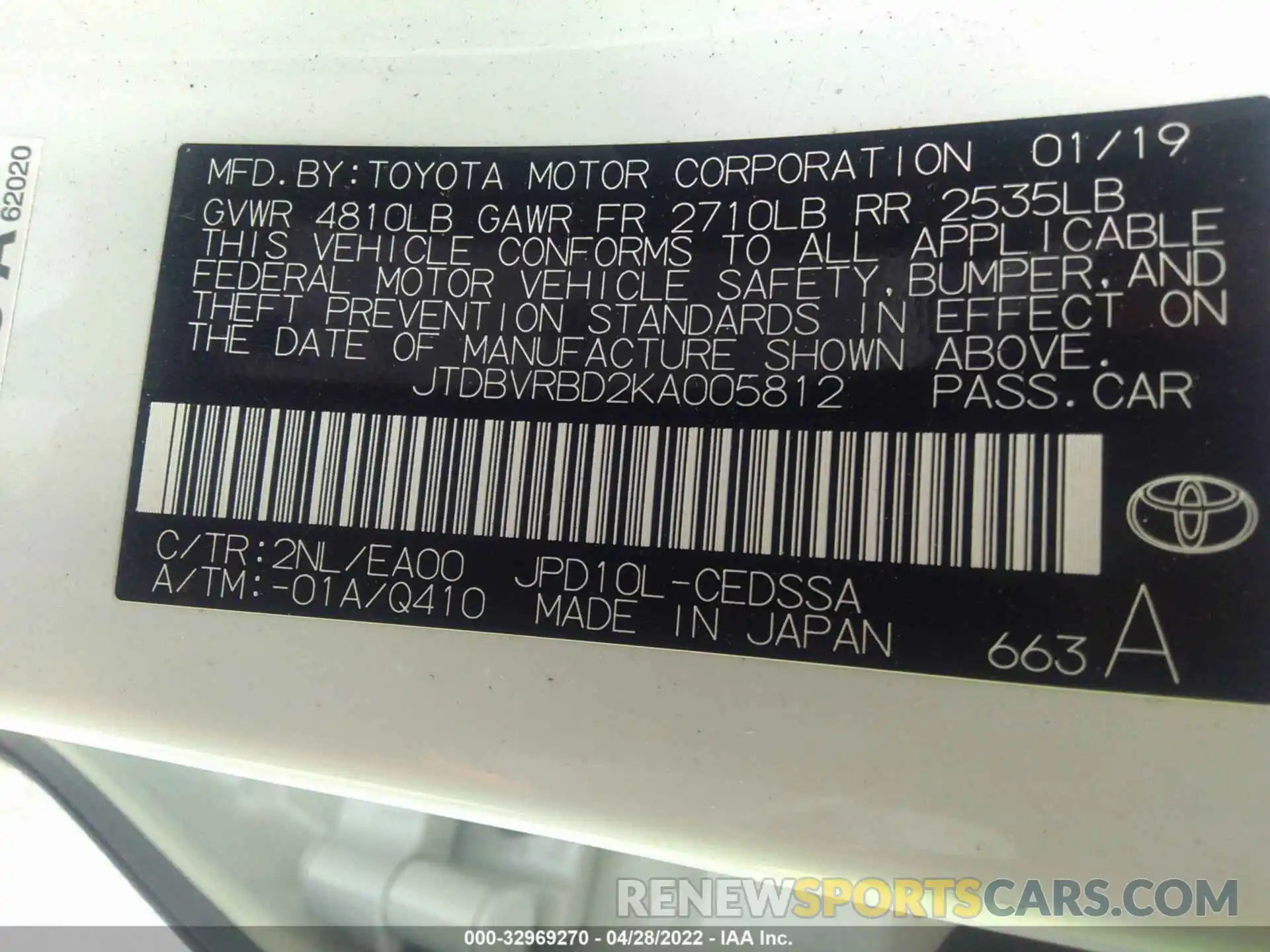 9 Photograph of a damaged car JTDBVRBD2KA005812 TOYOTA MIRAI 2019